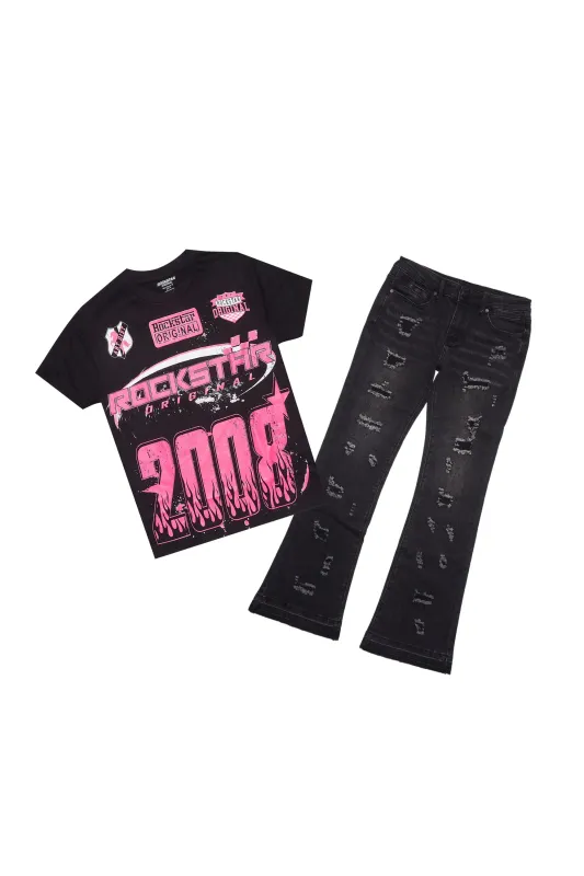Girls Amos Black/Pink T-Shirt/Stacked Flare Jean Set sold by Rockstar Original