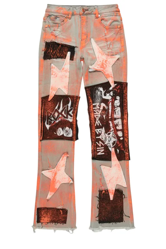 Boys Valko Grey/Orange Roller Paint Stacked Flare Jean sold by Rockstar Original