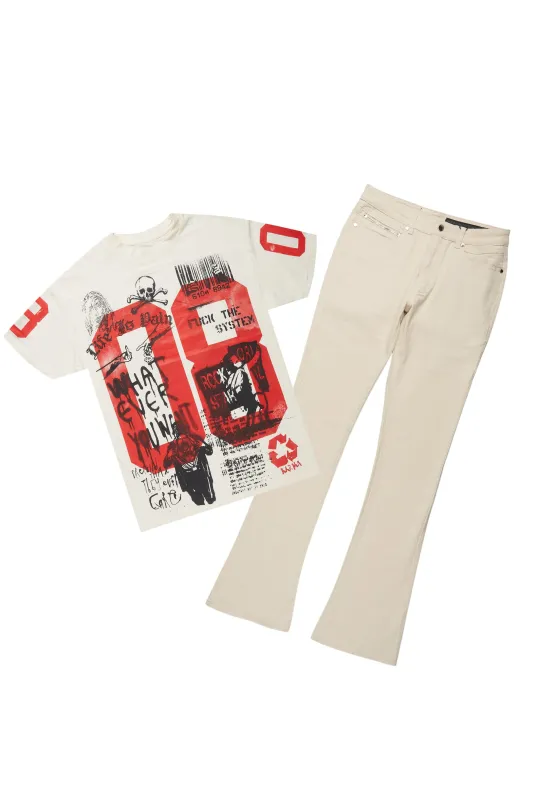 Grill Vintage Sand Oversized Graphic T-Shirt/Dag Stacked Flare Jean Set sold by Rockstar Original
