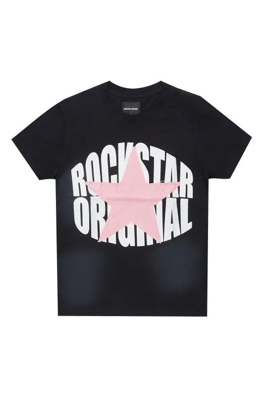 Girls Khaly Black/Pink Graphic T-Shirt With Patch made by Rockstar Original