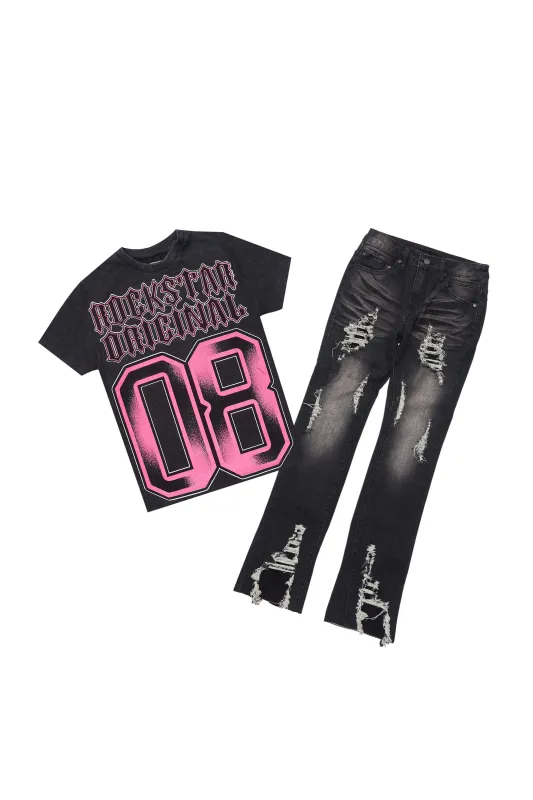Boys Alim Vintage Black/Fuchsia T-Shirt/Stacked Flare Jean Set sold by Rockstar Original