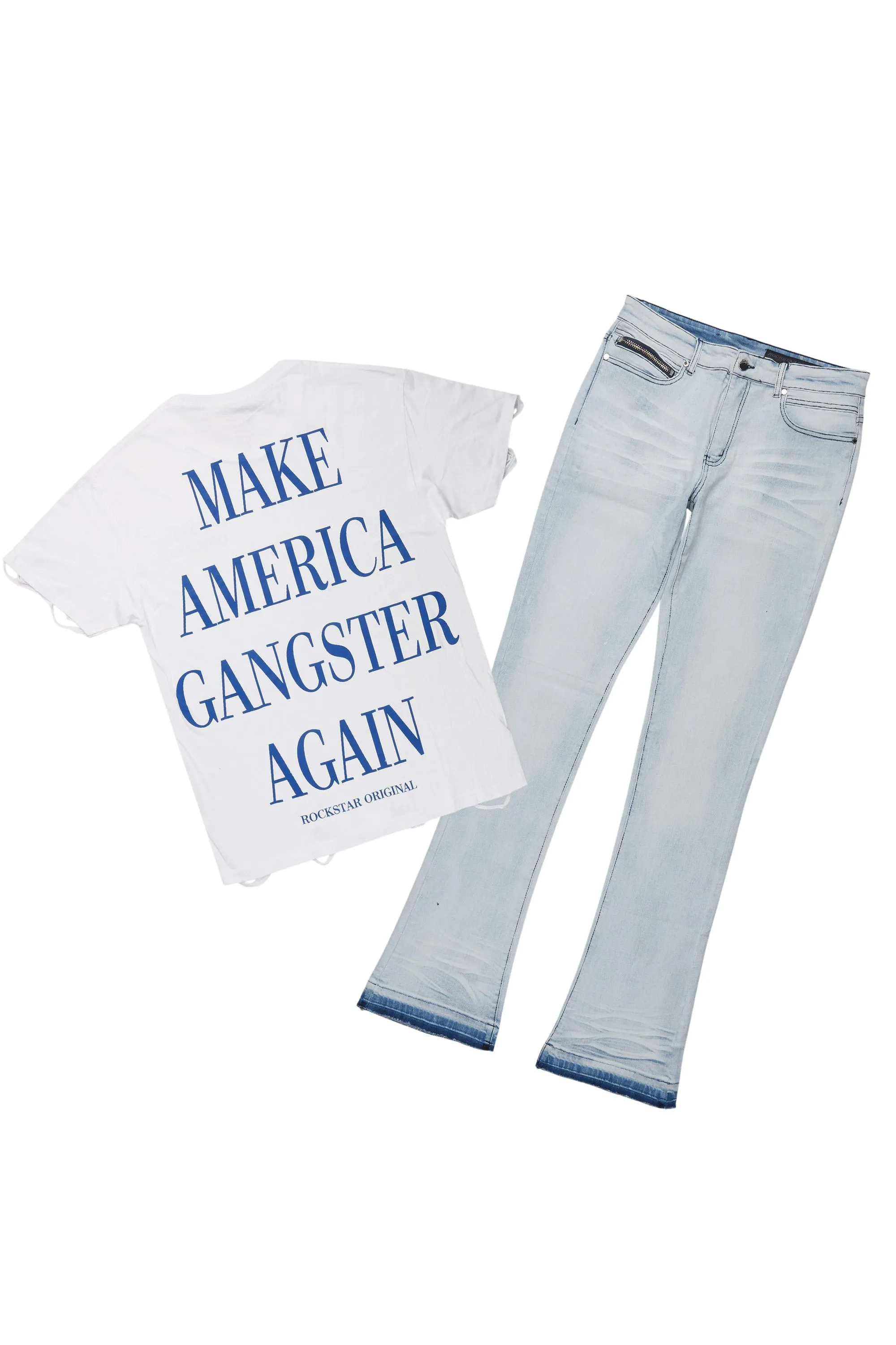Drako White/Blue Oversized Graphic T-Shirt/Dag Stacked Flare Jean Set sold by Rockstar Original