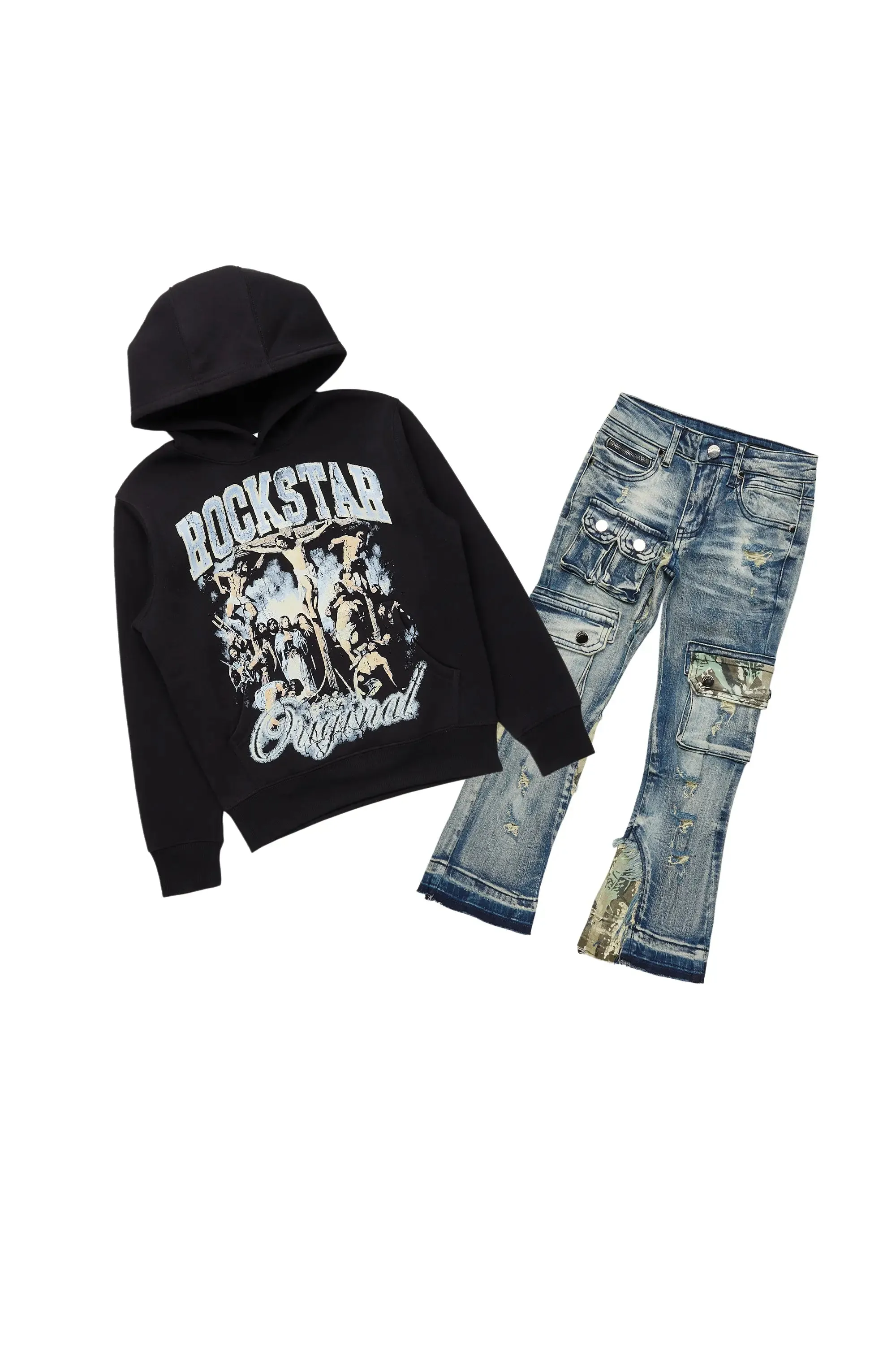 Boys Waller Black Hoodie & Zeta Blue Stacked Jean Set sold by Rockstar Original