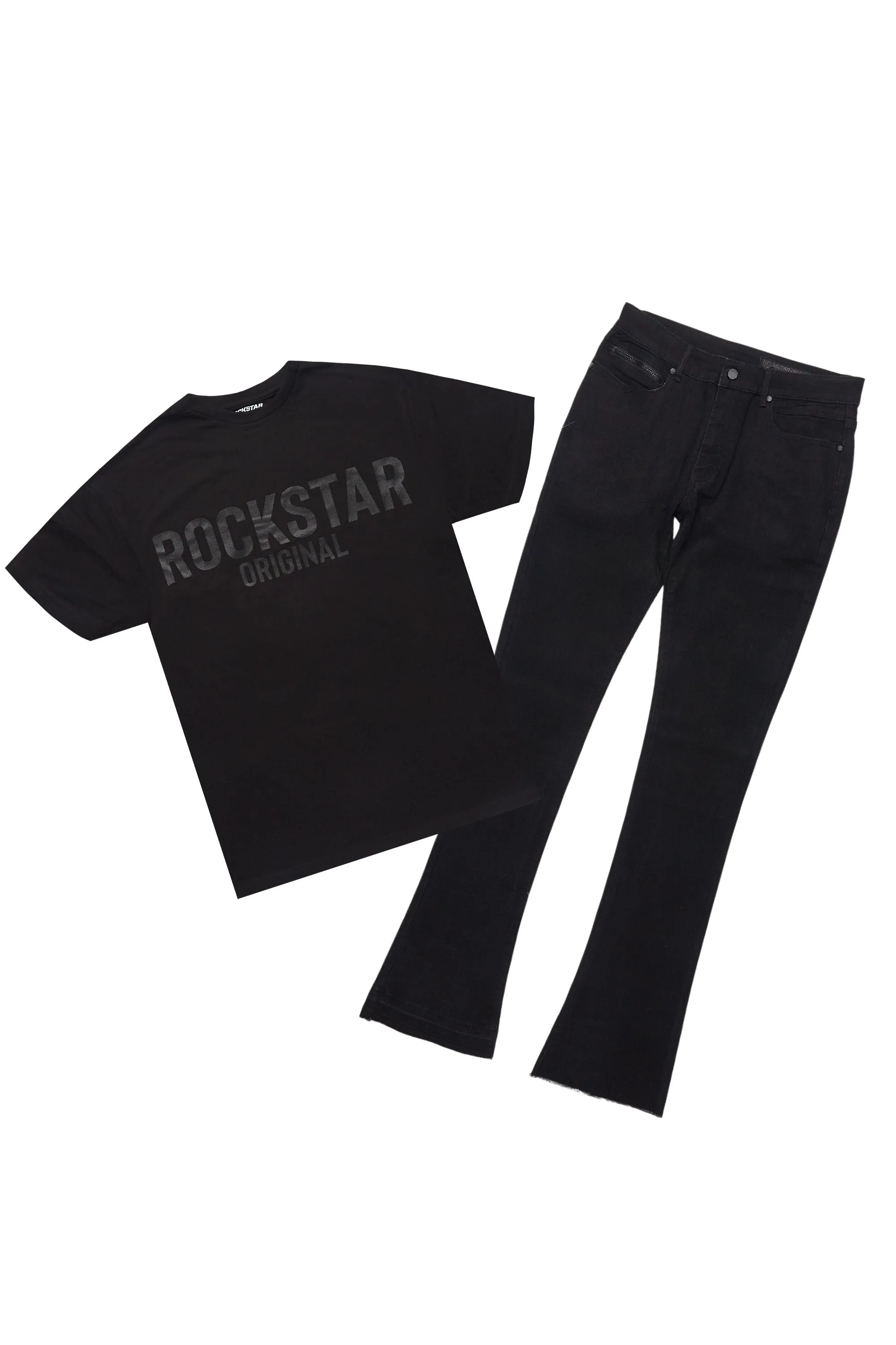 Sana Black/Black T-Shirt/Dag Stacked Flare Jean Set sold by Rockstar Original