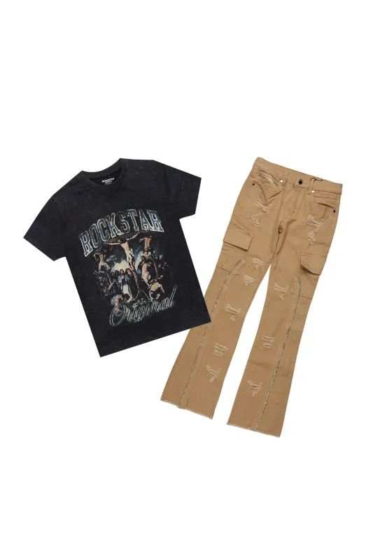 Boys Waller Black/Beige T-Shirt/Stacked Flare Jean Set sold by Rockstar Original