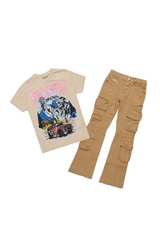 Boys Kip Vintage Sand/Pink T-Shirt/Stacked Flare Jean Set sold by Rockstar Original