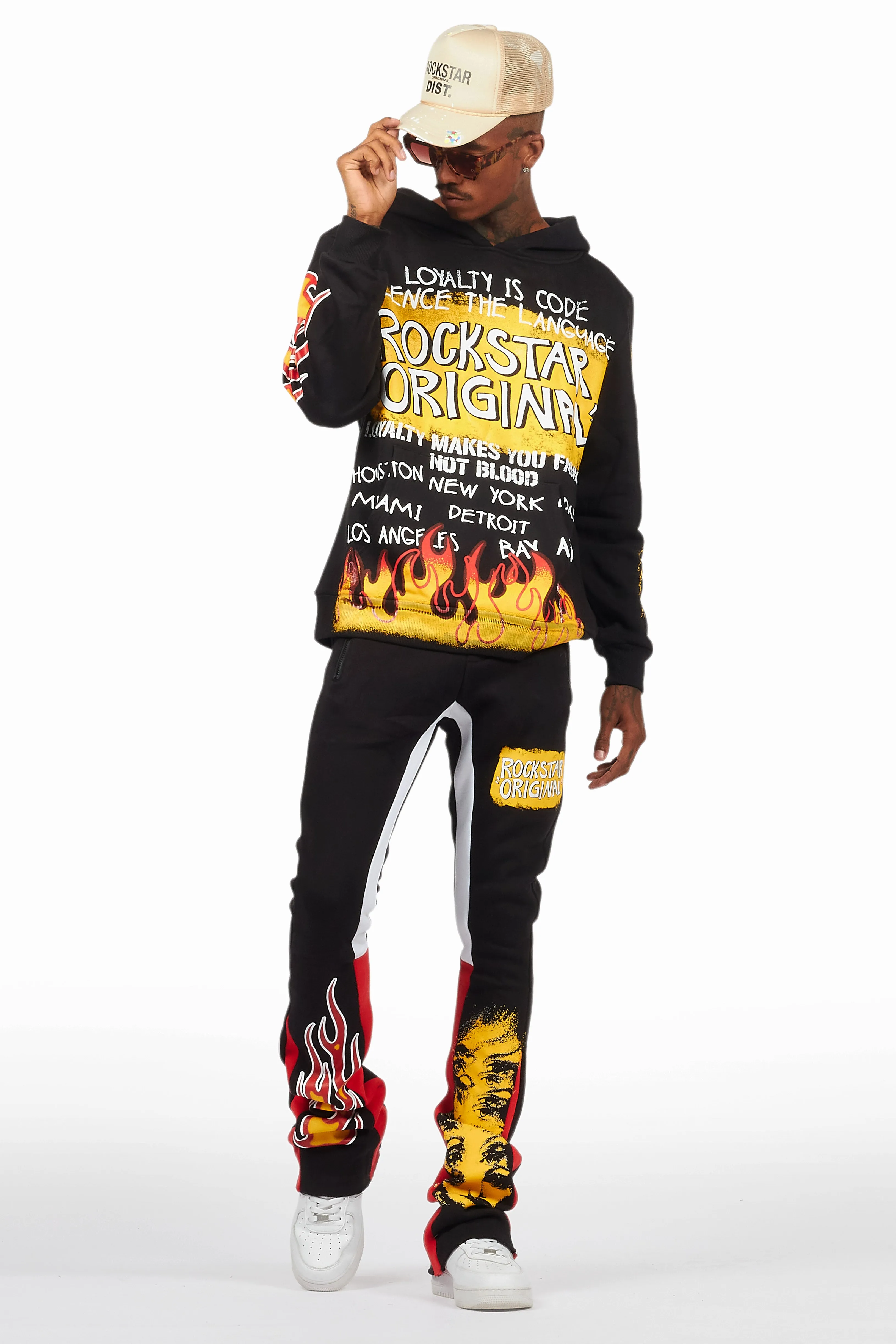 Beno Black/Yellow Stacked Flare Hoodie Track Set sold by Rockstar Original product image thumbnail 2