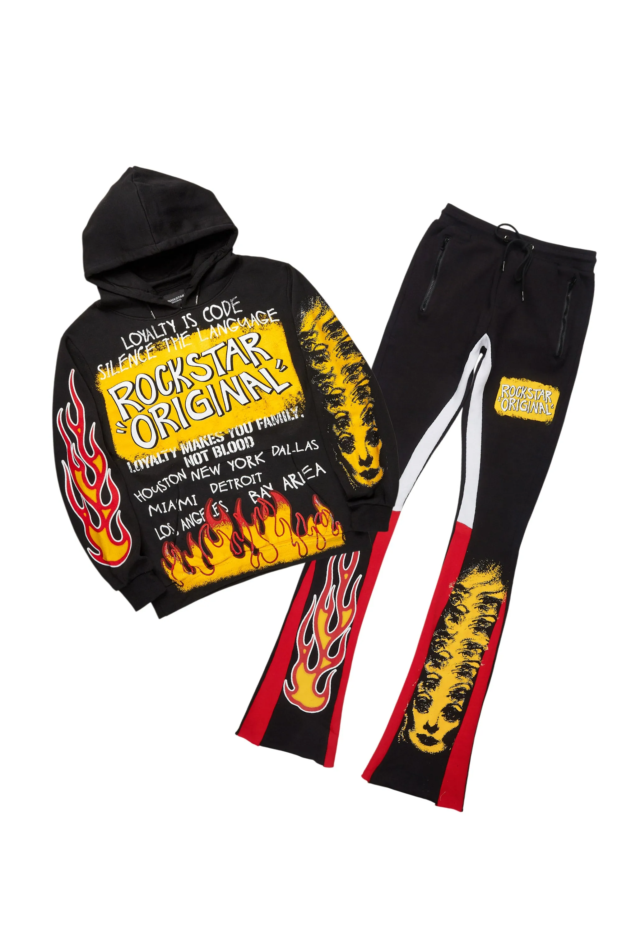 Beno Black/Yellow Stacked Flare Hoodie Track Set sold by Rockstar Original