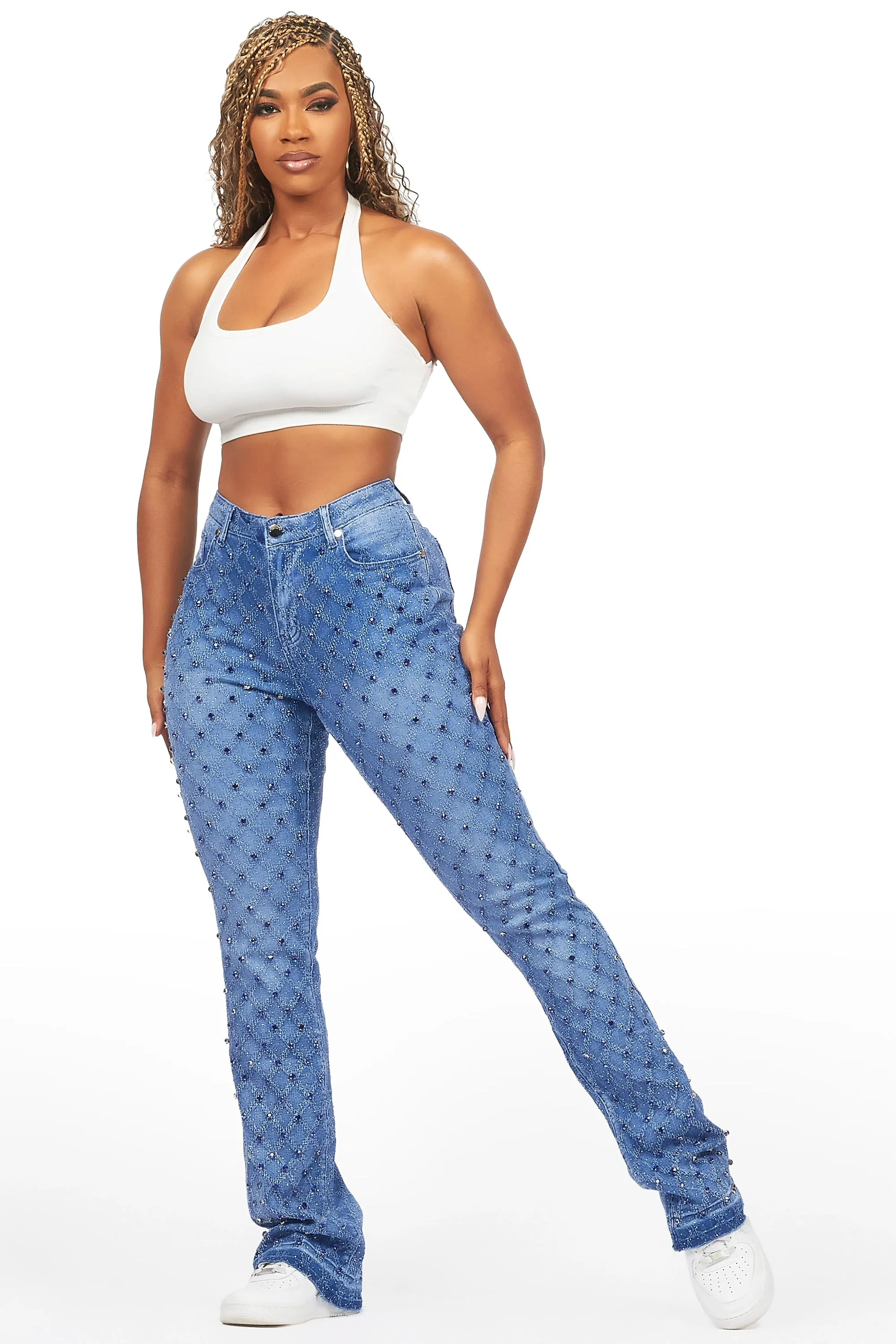 Sareka Royal Blue Rhinestone Stacked Flare Jean sold by Rockstar Original product image thumbnail 3