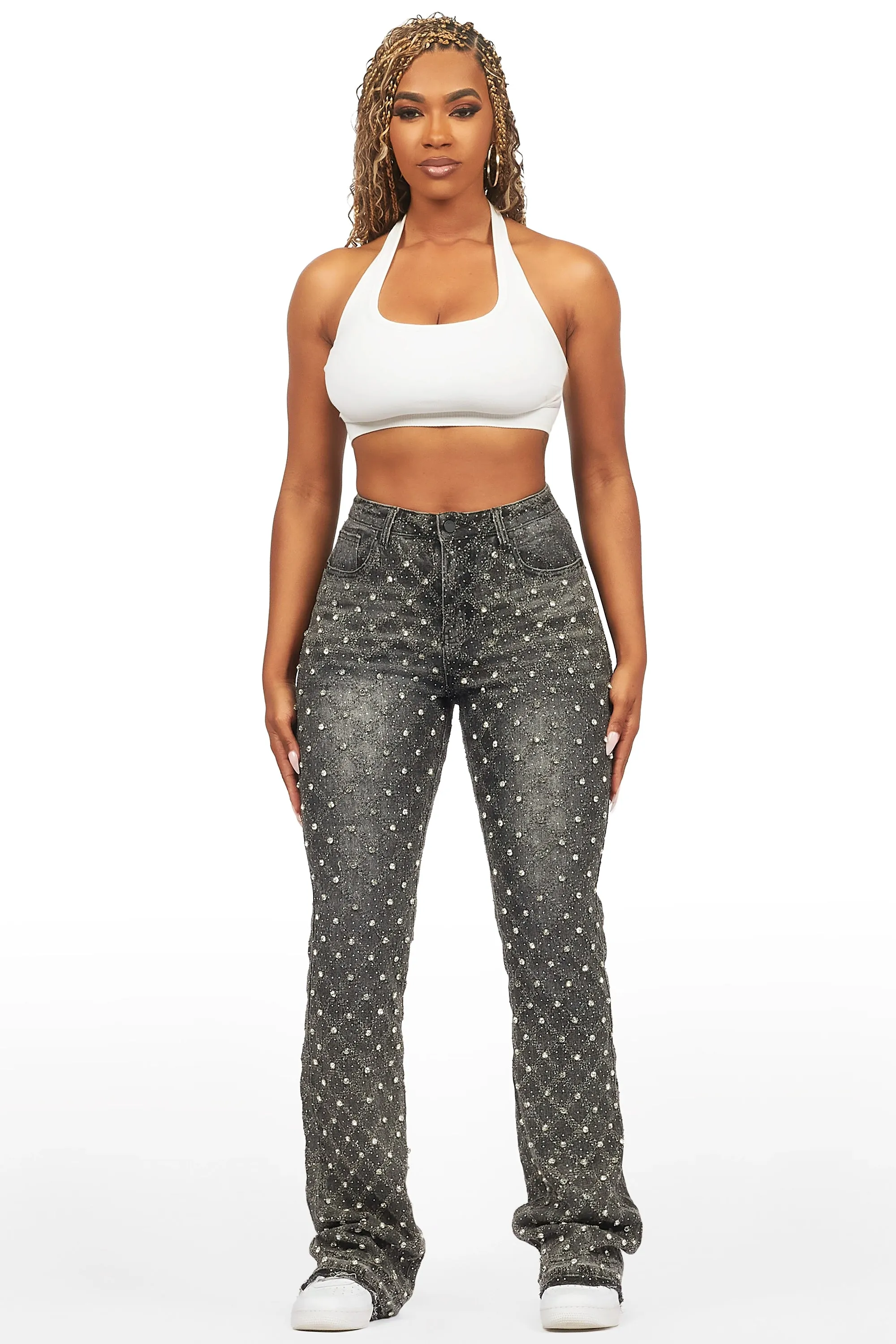 Sareka Grey Wash Rhinestone Stacked Flare Jean sold by Rockstar Original product image thumbnail 2