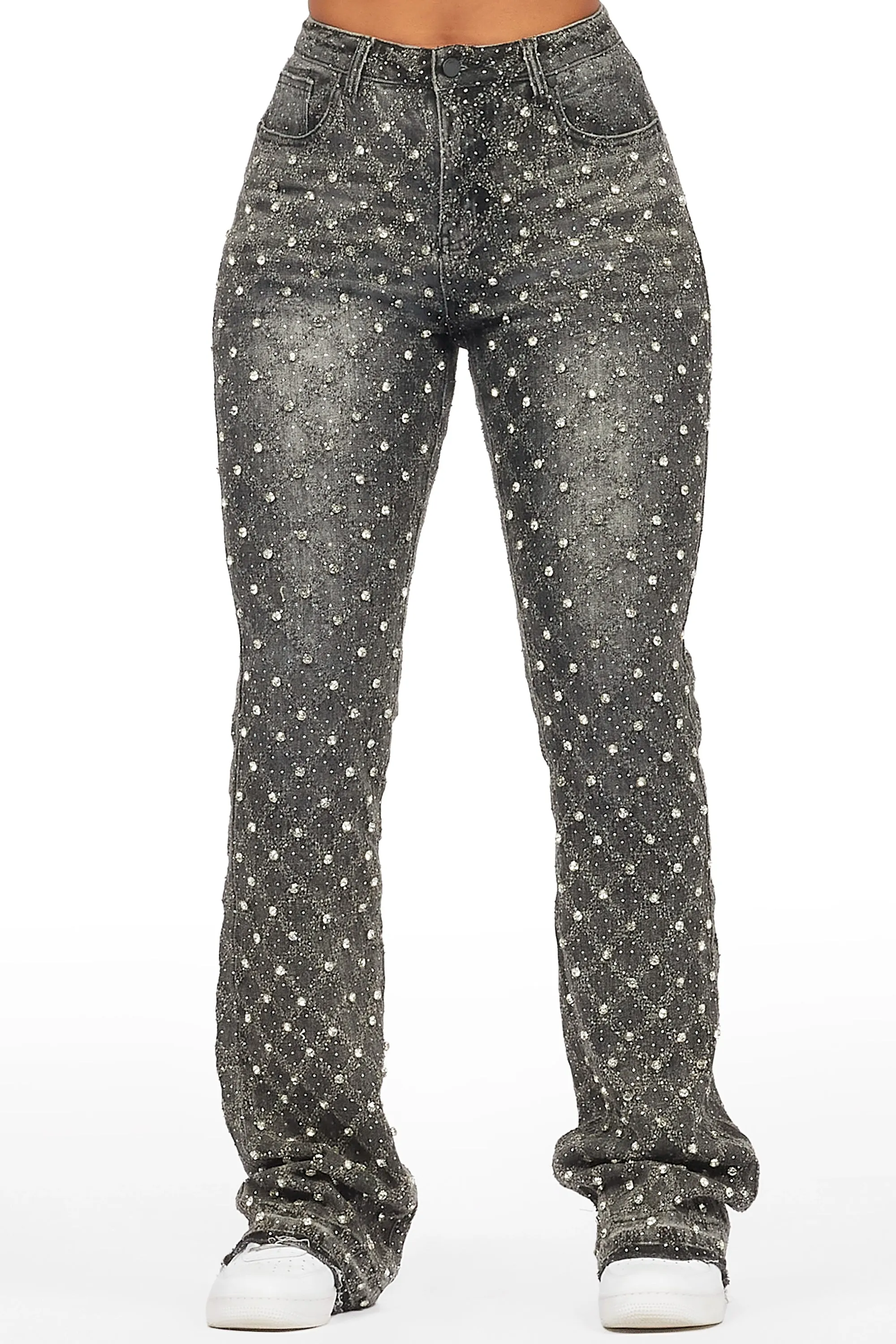 Sareka Grey Wash Rhinestone Stacked Flare Jean sold by Rockstar Original