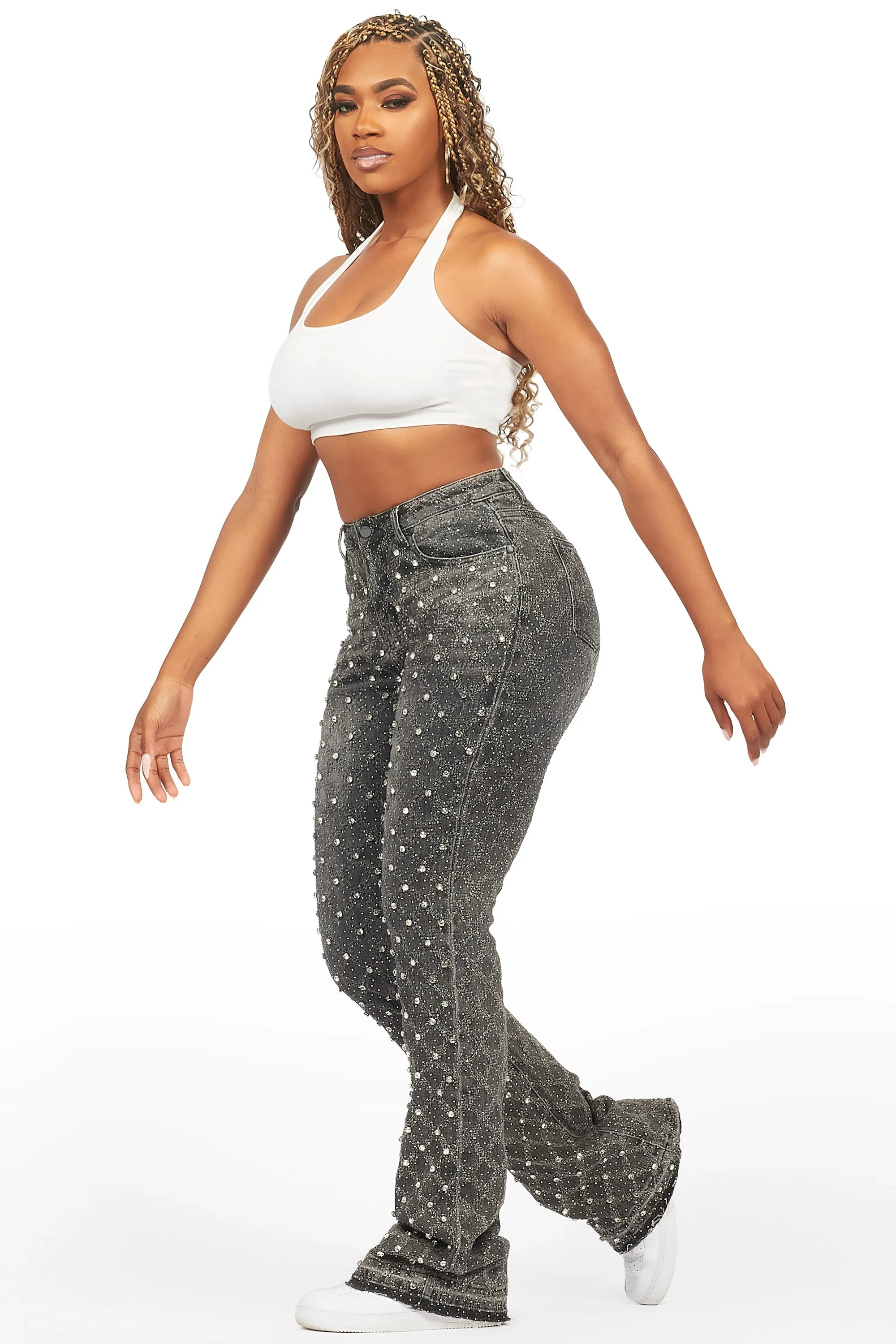 Sareka Grey Wash Rhinestone Stacked Flare Jean sold by Rockstar Original product image thumbnail 4