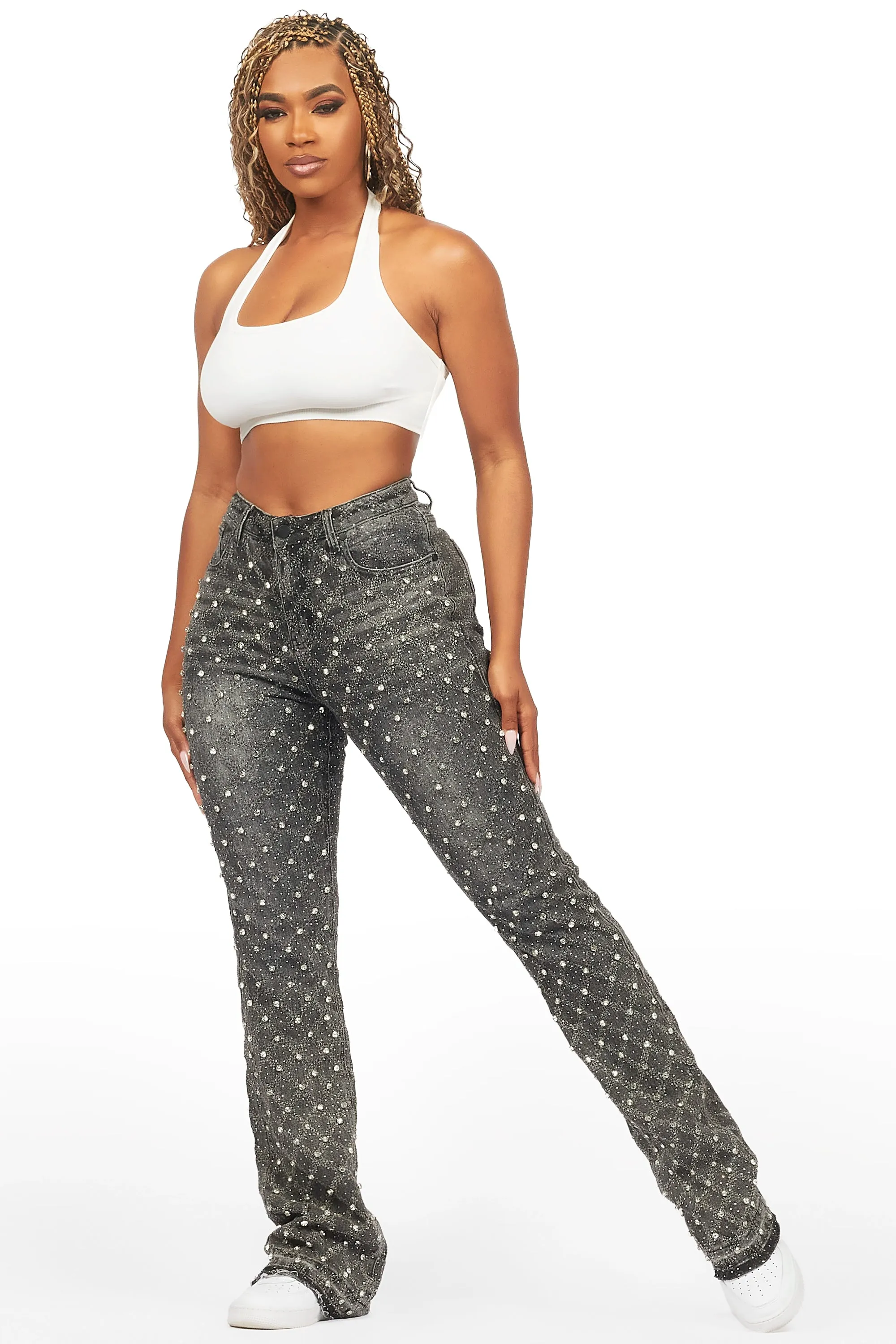 Sareka Grey Wash Rhinestone Stacked Flare Jean sold by Rockstar Original product image thumbnail 3