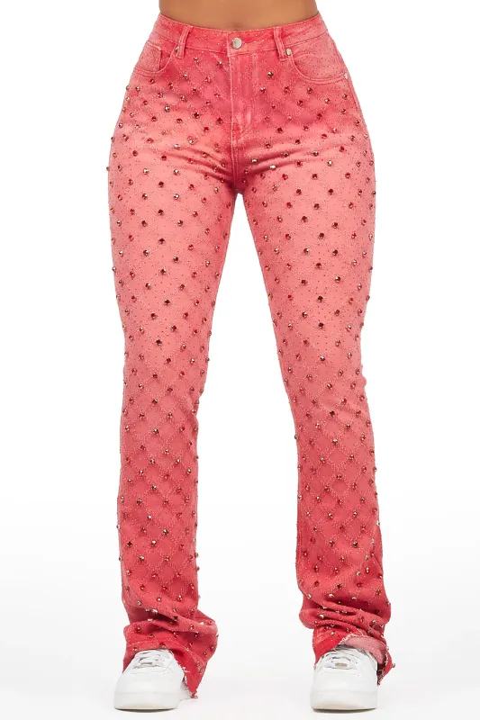 Sareka Red Rhinestone Stacked Flare Jean sold by Rockstar Original