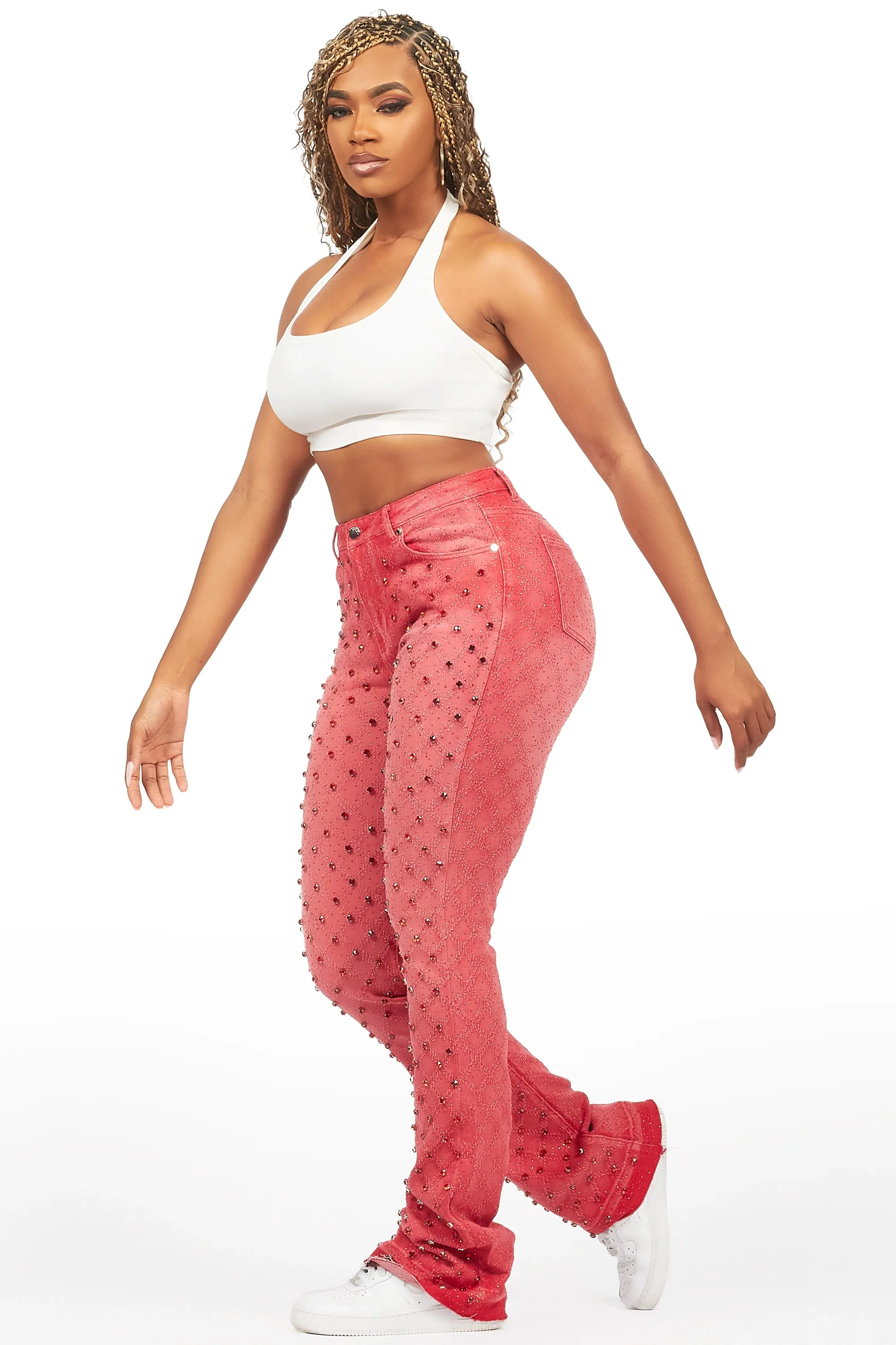 Sareka Red Rhinestone Stacked Flare Jean sold by Rockstar Original product image thumbnail 4