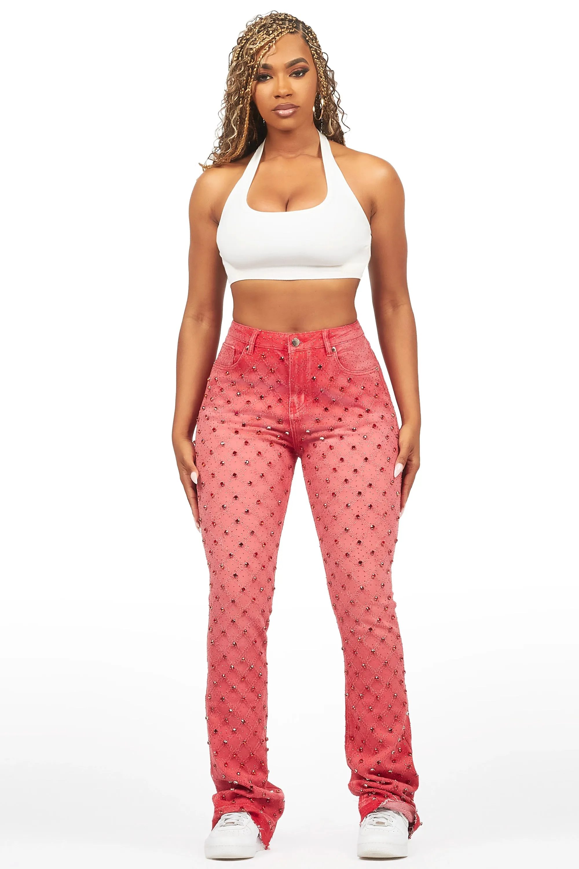 Sareka Red Rhinestone Stacked Flare Jean sold by Rockstar Original product image thumbnail 2