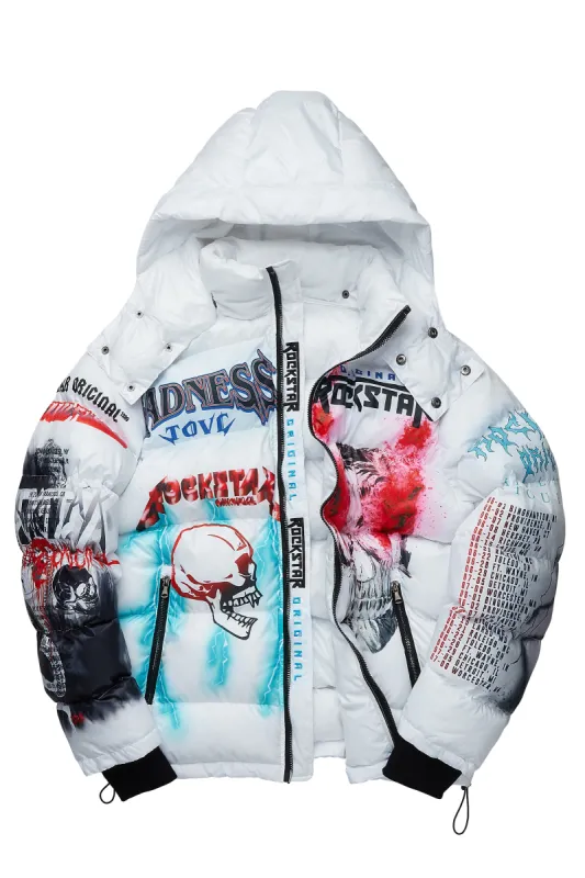 Nash White Graphic Print Puffer Jacket sold by Rockstar Original