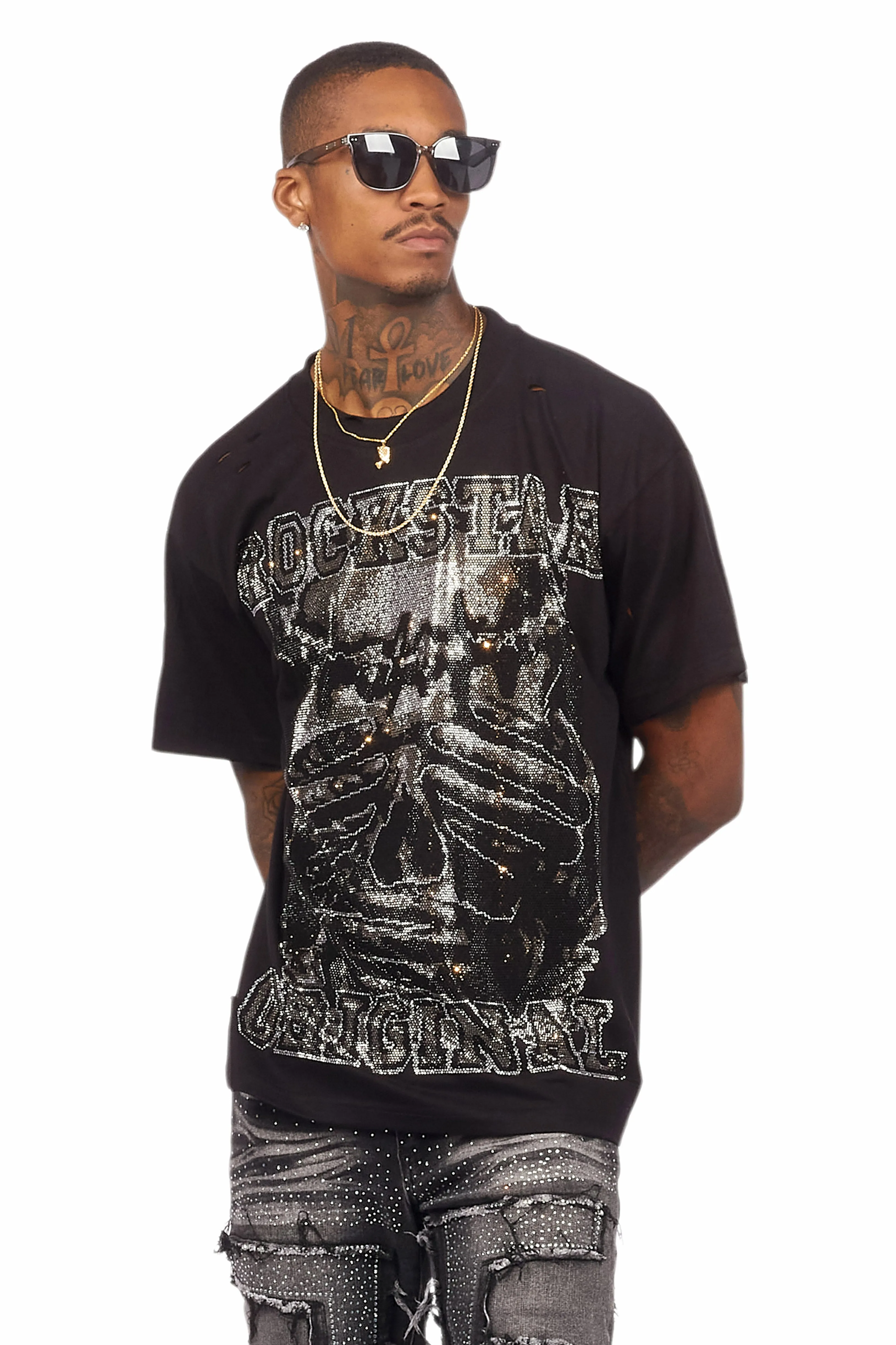 Aithan Black/Grey Graphic Rhinestone T-Shirt sold by Rockstar Original product image thumbnail 4