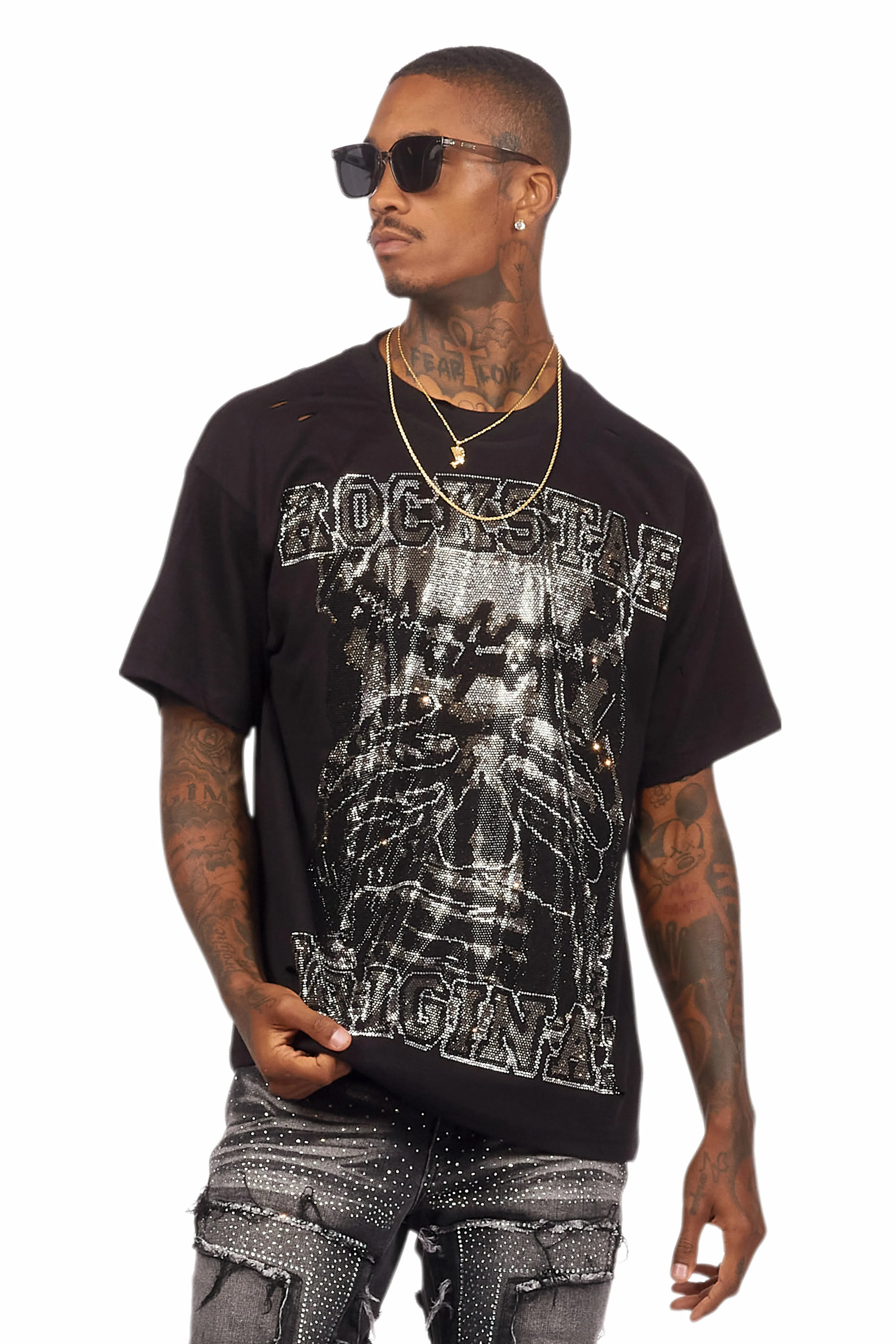 Aithan Black/Grey Graphic Rhinestone T-Shirt sold by Rockstar Original product image thumbnail 3