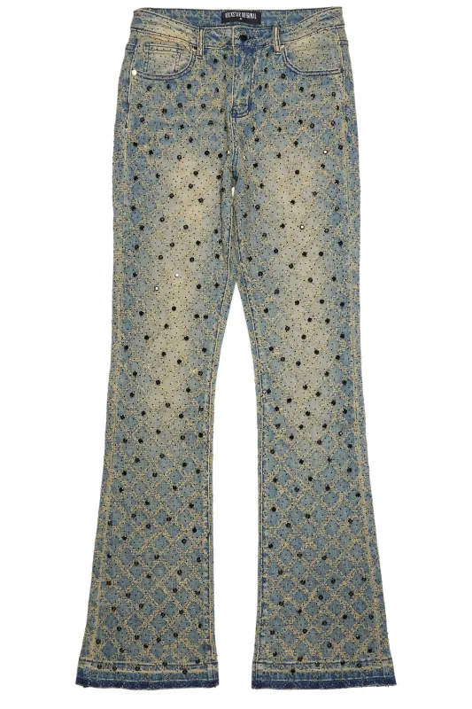 Sareka Tinted Dark Wash Rhinestone Stacked Flare Jean sold by Rockstar Original
