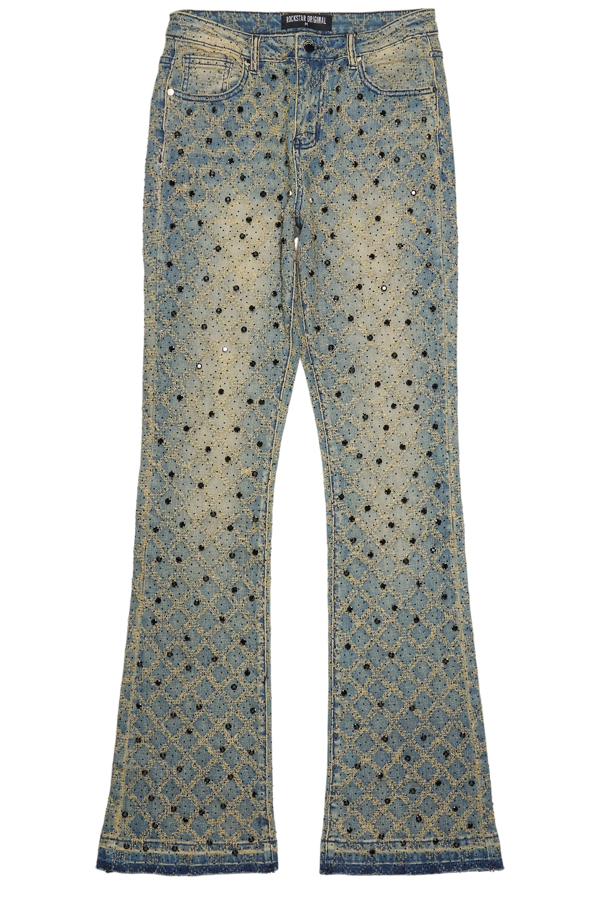 Sareka Tinted Dark Wash Rhinestone Stacked Flare Jean sold by Rockstar Original
