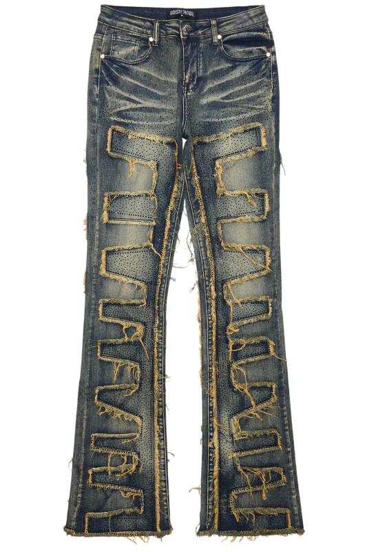 Zariyah Tinted Dark Wash Rhinestone Stacked Flare Jean sold by Rockstar Original