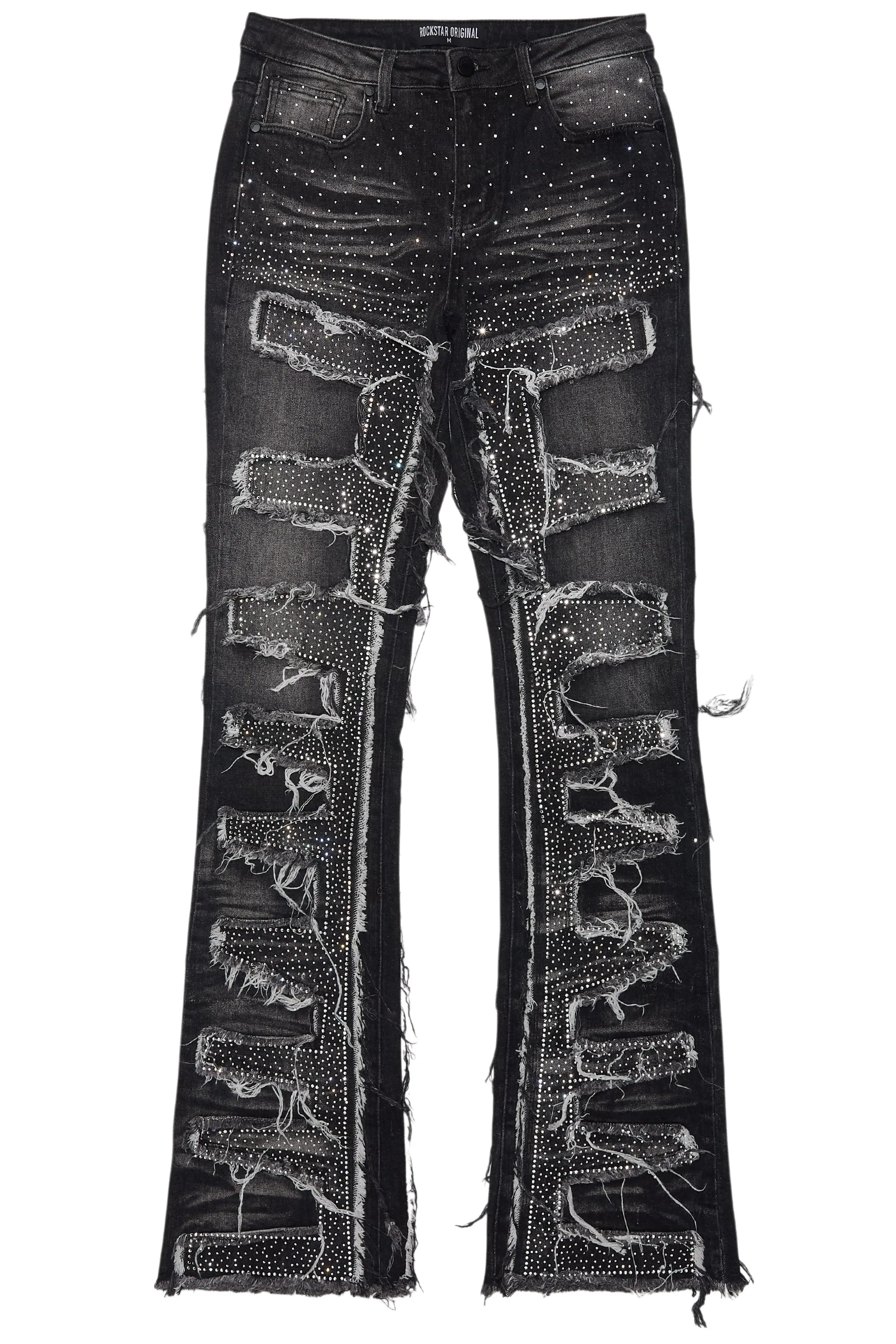 Zariyah Grey Wash Rhinestone Stacked Flare Jean sold by Rockstar Original