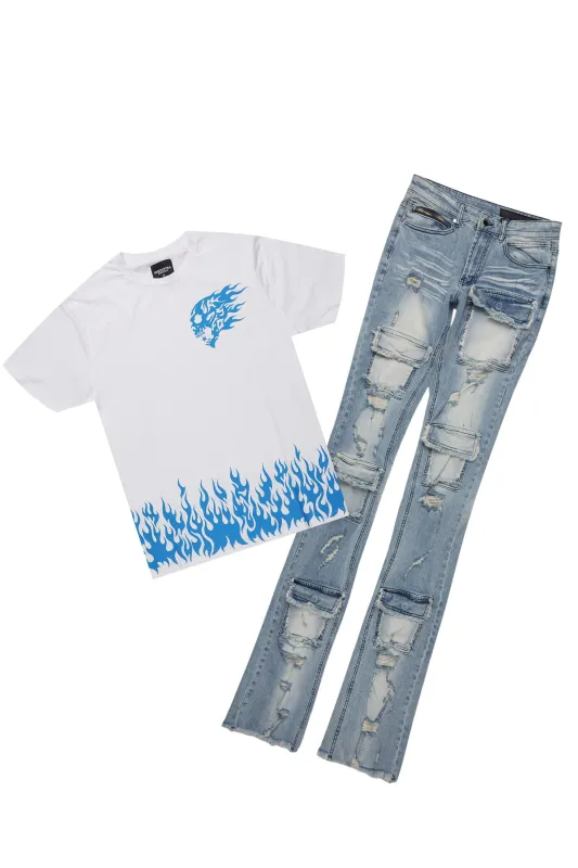 Bubble White/Blue T-Shirt/Super Stacked Flare Jean Bundle sold by Rockstar Original