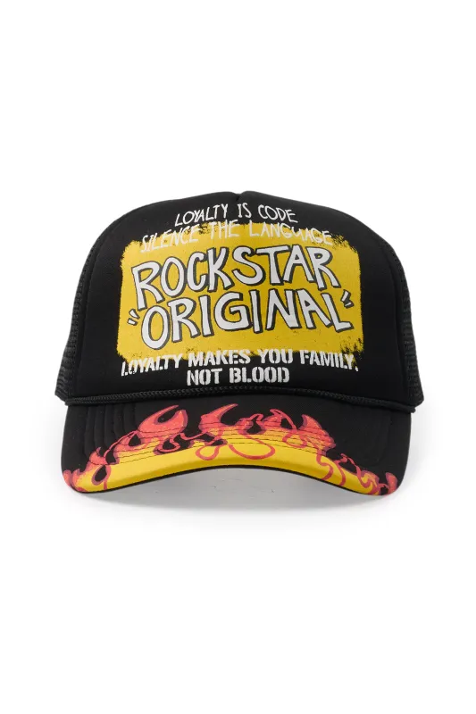 Beno Black/Yellow Flames Graphic Trucker Hat sold by Rockstar Original