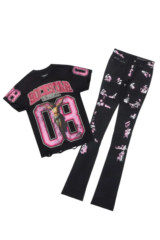 Fields Black T-Shirt/Nello Painted Super Stacked Flare Jean Set sold by Rockstar Original