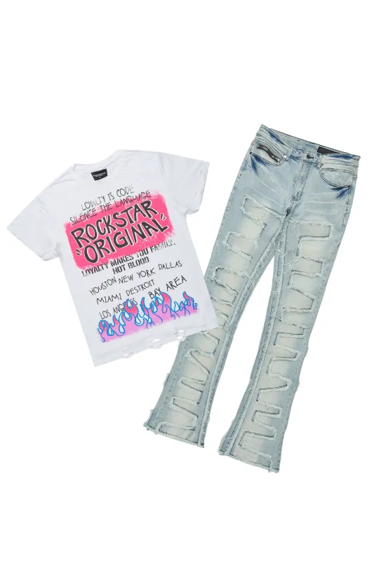 Beno White T-Shirt & Shake Blue Stacked Flare Jean Bundle sold by Rockstar Original