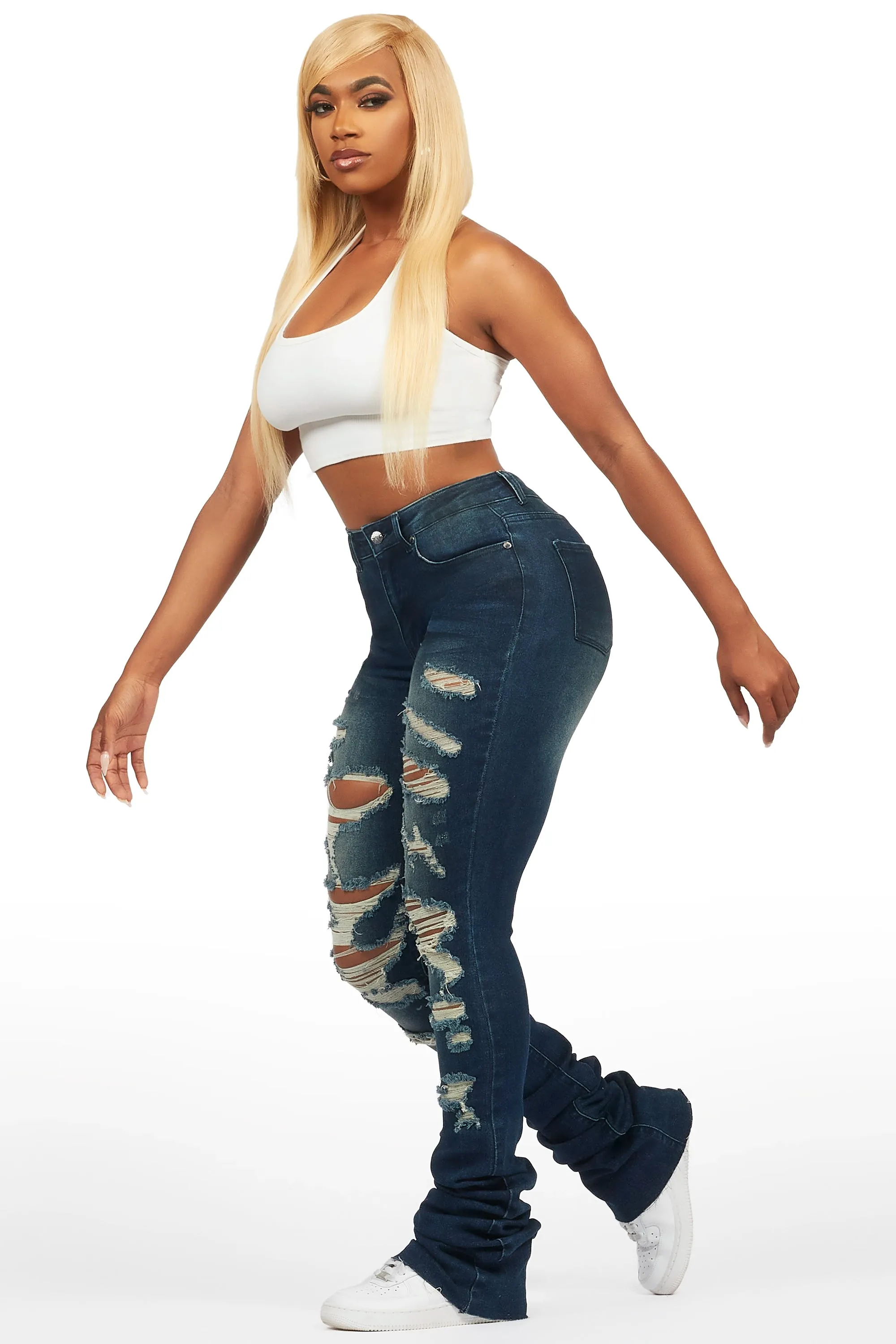 Teyja Dark Wash Distressed Super Stacked Jean sold by Rockstar Original product image thumbnail 3