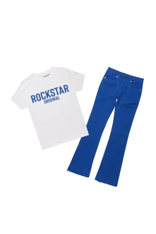 Boys Sana White/Royal T-Shirt/Dag Stacked Flare Jean Set sold by Rockstar Original