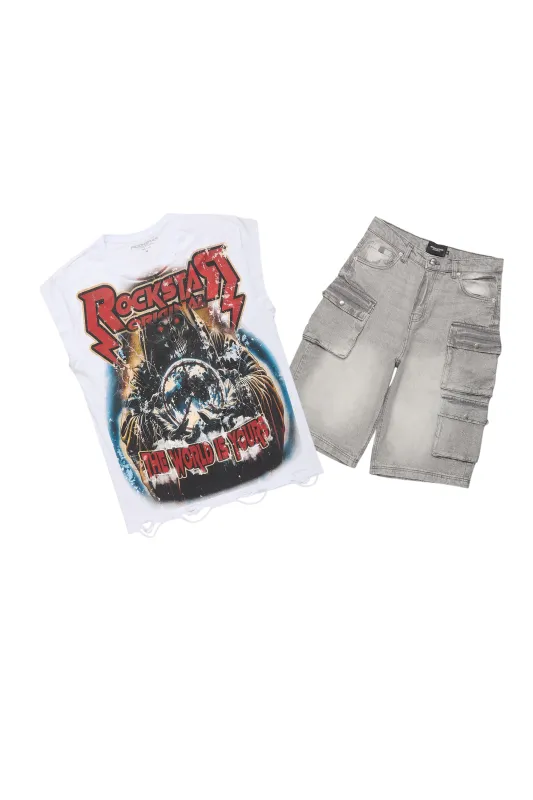 Lucian White Muscle Tee/Denim Jort Set sold by Rockstar Original