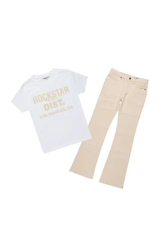 Boys Lake White/Beige T-Shirt/Dag Stacked Flare Jean Set sold by Rockstar Original