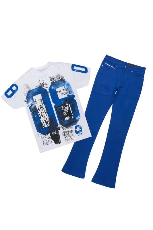 Grill White/Royal Blue Oversized Graphic T-Shirt/Dag Stacked Flare Jean Set sold by Rockstar Original