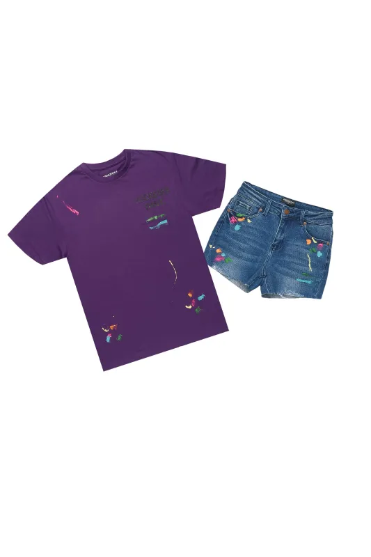Teasha Purple/Blue T-Shirt Denim Short Set sold by Rockstar Original