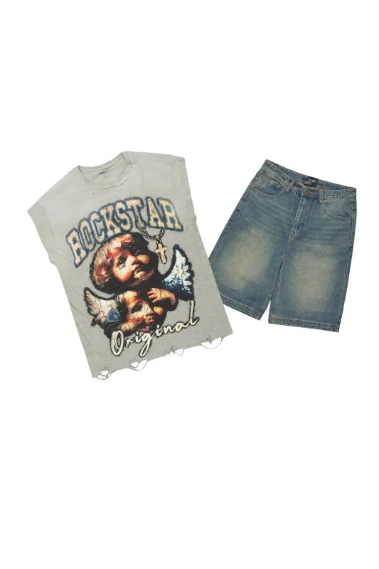 Deiter Heather Grey Muscle Tee/Denim Jort Set sold by Rockstar Original