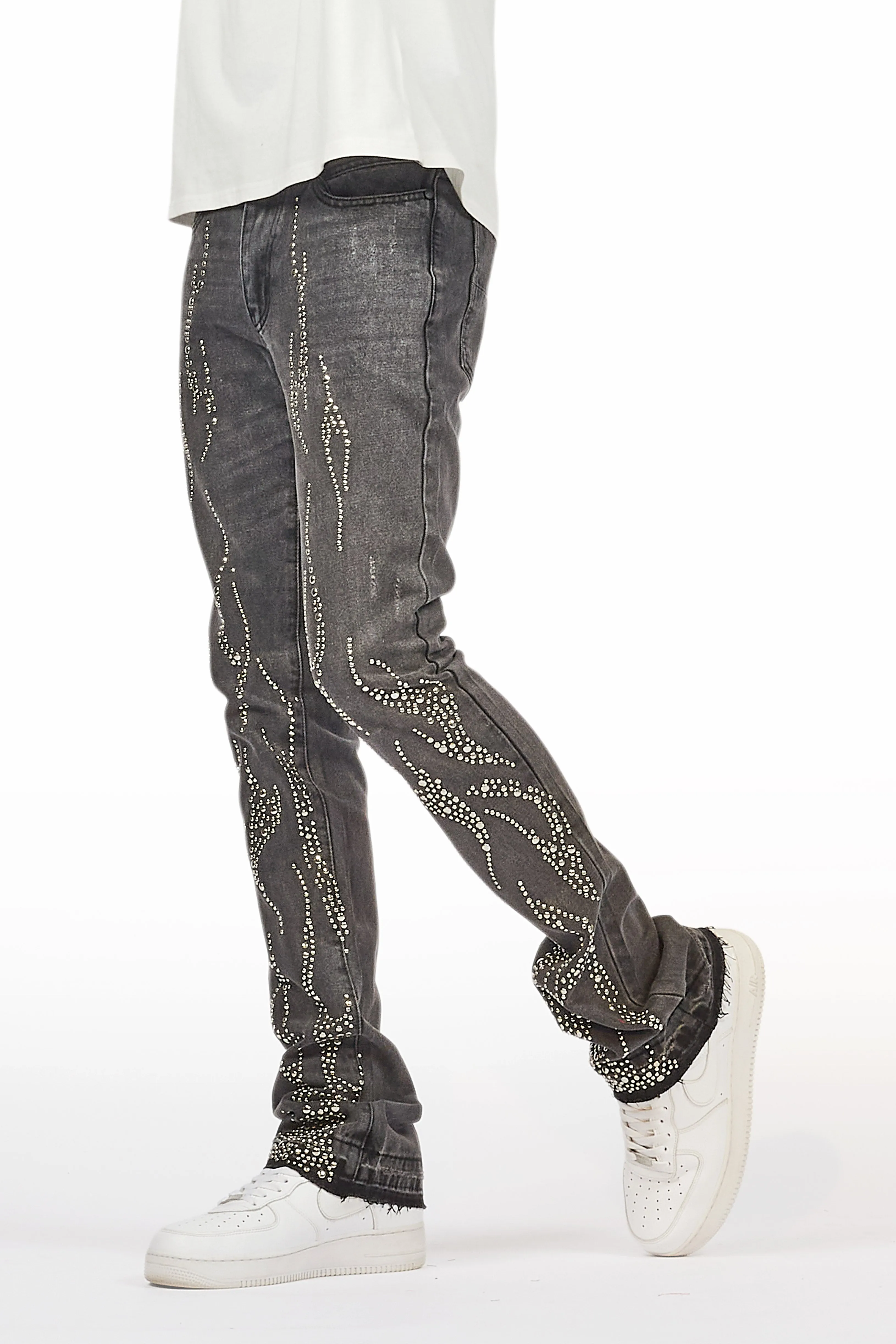 Tachi Dark Grey Rhinestone Stacked Flare Jean sold by Rockstar Original