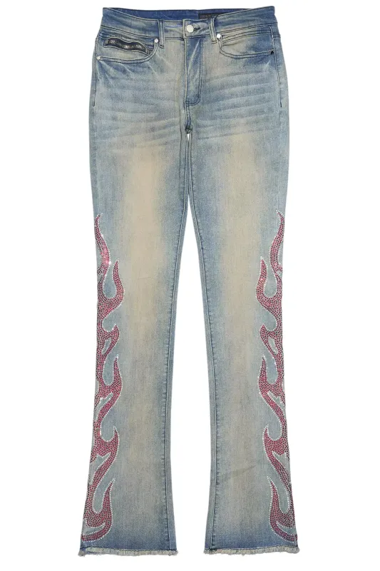 Sword Vintage Blue Rhinestone Stacked Flare Jean sold by Rockstar Original