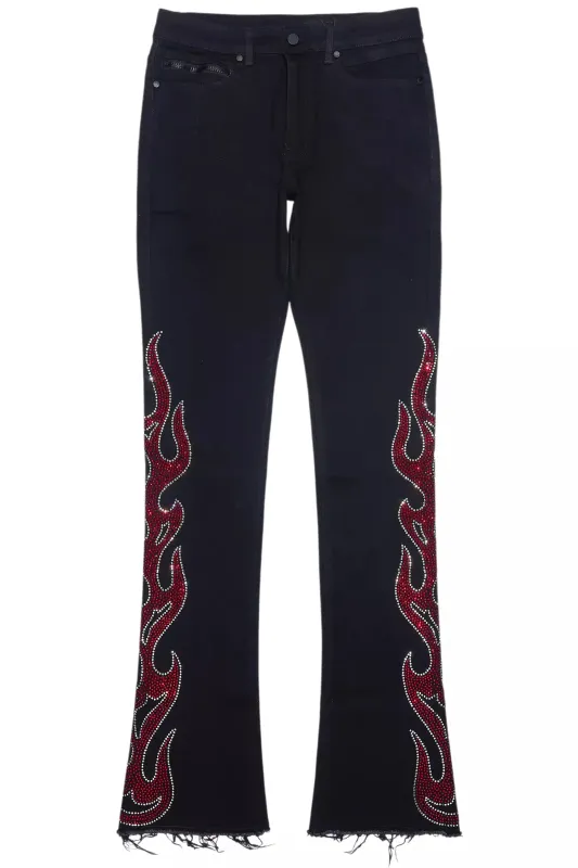 Sword Jet Black Rhinestone Stacked Flare Jean sold by Rockstar Original