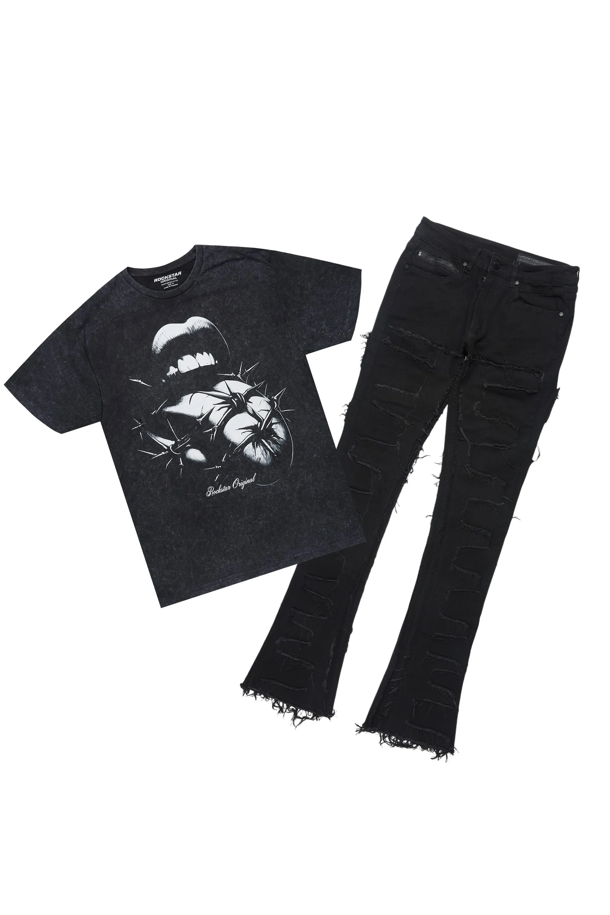 Schmear Vintage Black T-Shirt/Stacked Flare Jean Bundle sold by Rockstar Original