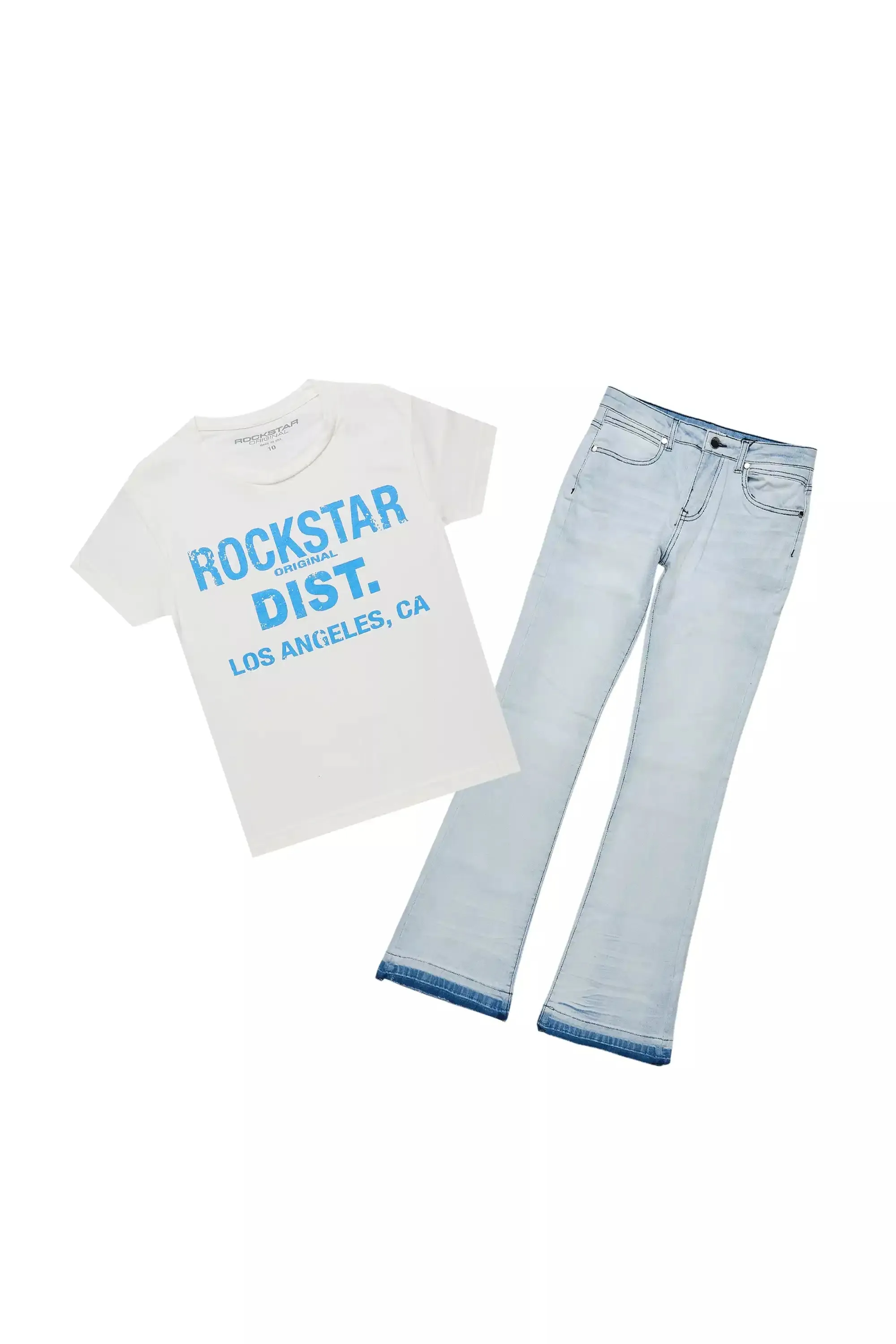Boys Lake White/Blue T-Shirt/Dag Stacked Flare Jean Set sold by Rockstar Original