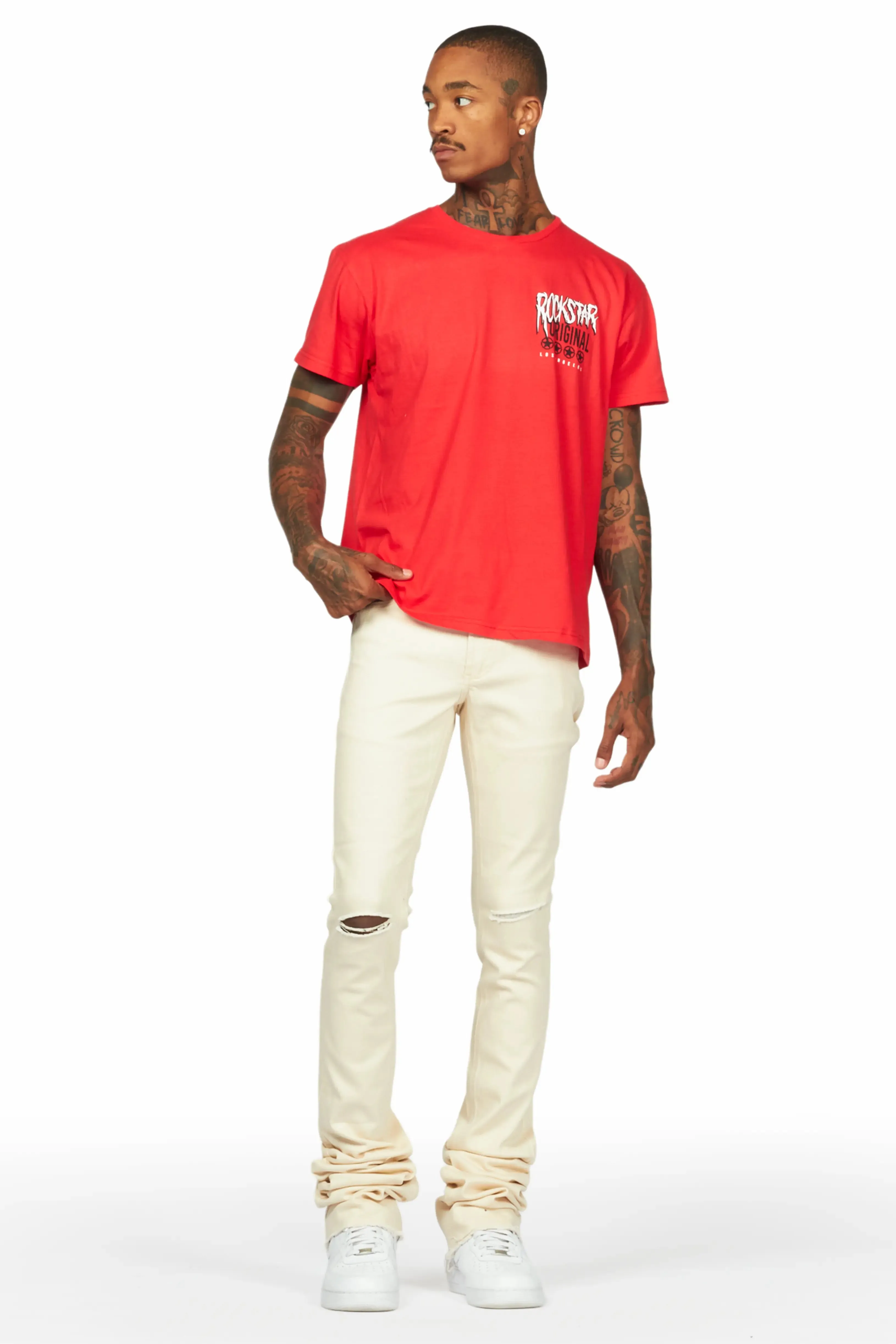 Wizzurd Red T-Shirt & Josiah Beige Super Stacked Flare Jean Bundle sold by Rockstar Original product image thumbnail 2