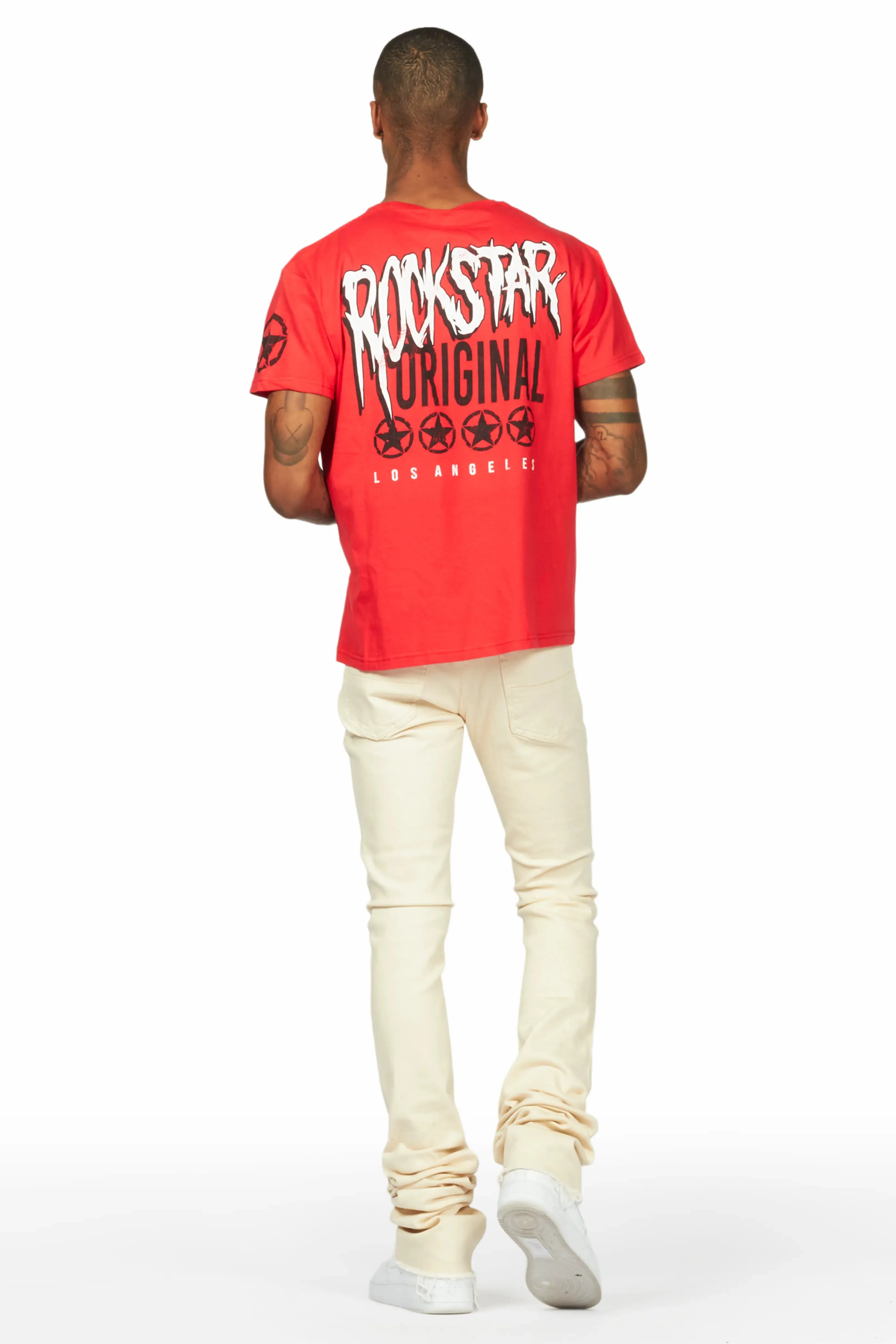 Wizzurd Red T-Shirt & Josiah Beige Super Stacked Flare Jean Bundle sold by Rockstar Original product image thumbnail 4