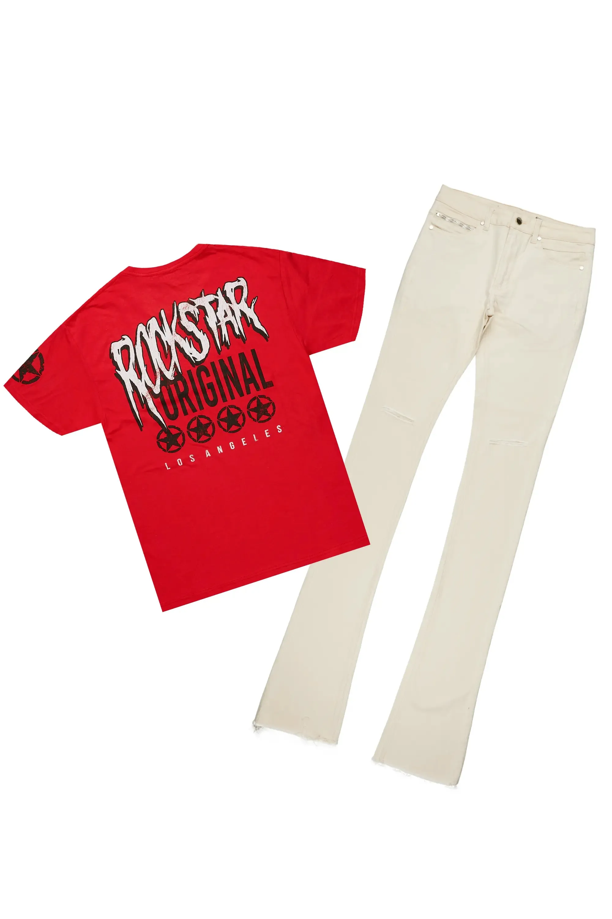 Wizzurd Red T-Shirt & Josiah Beige Super Stacked Flare Jean Bundle sold by Rockstar Original