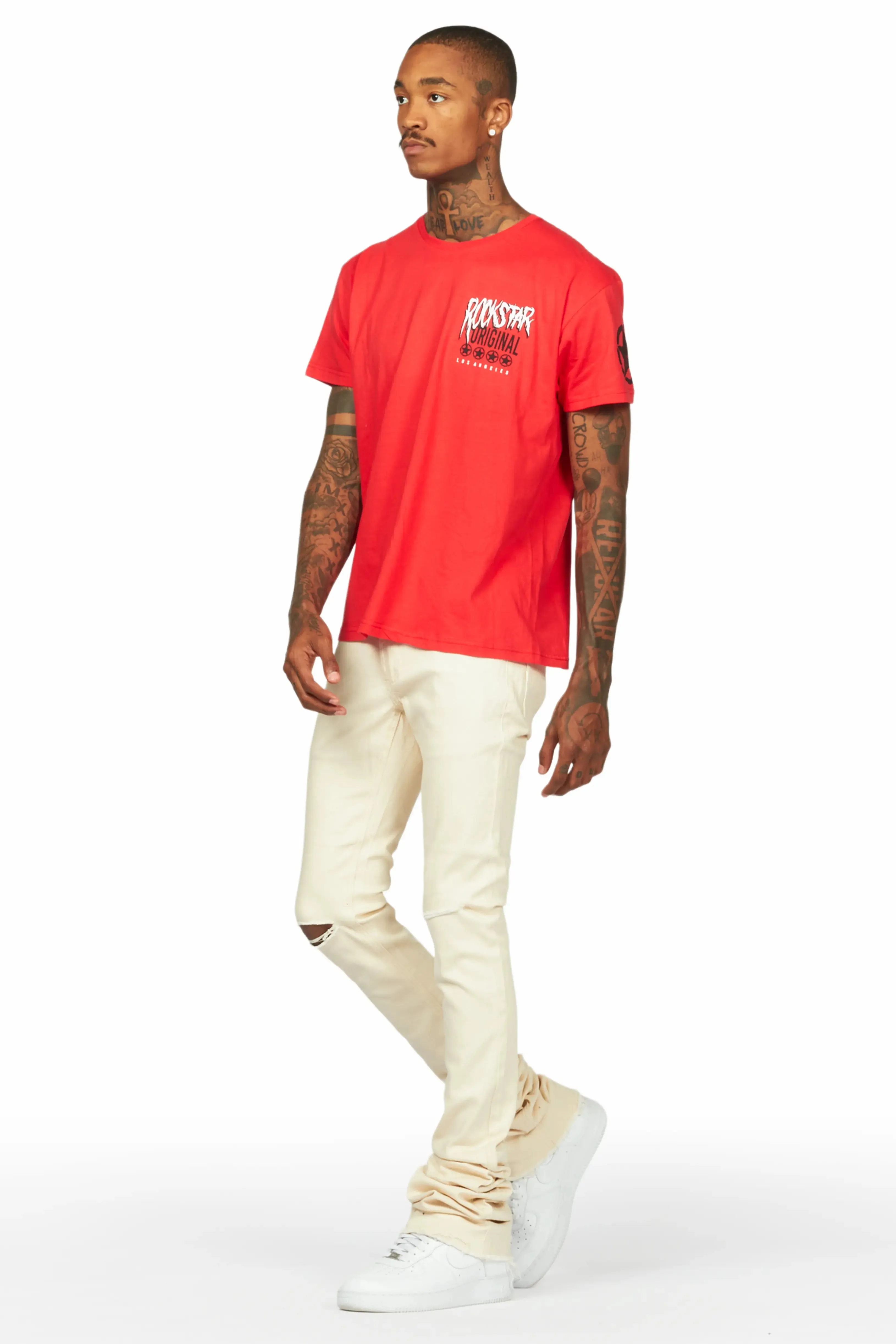 Wizzurd Red T-Shirt & Josiah Beige Super Stacked Flare Jean Bundle sold by Rockstar Original product image thumbnail 5