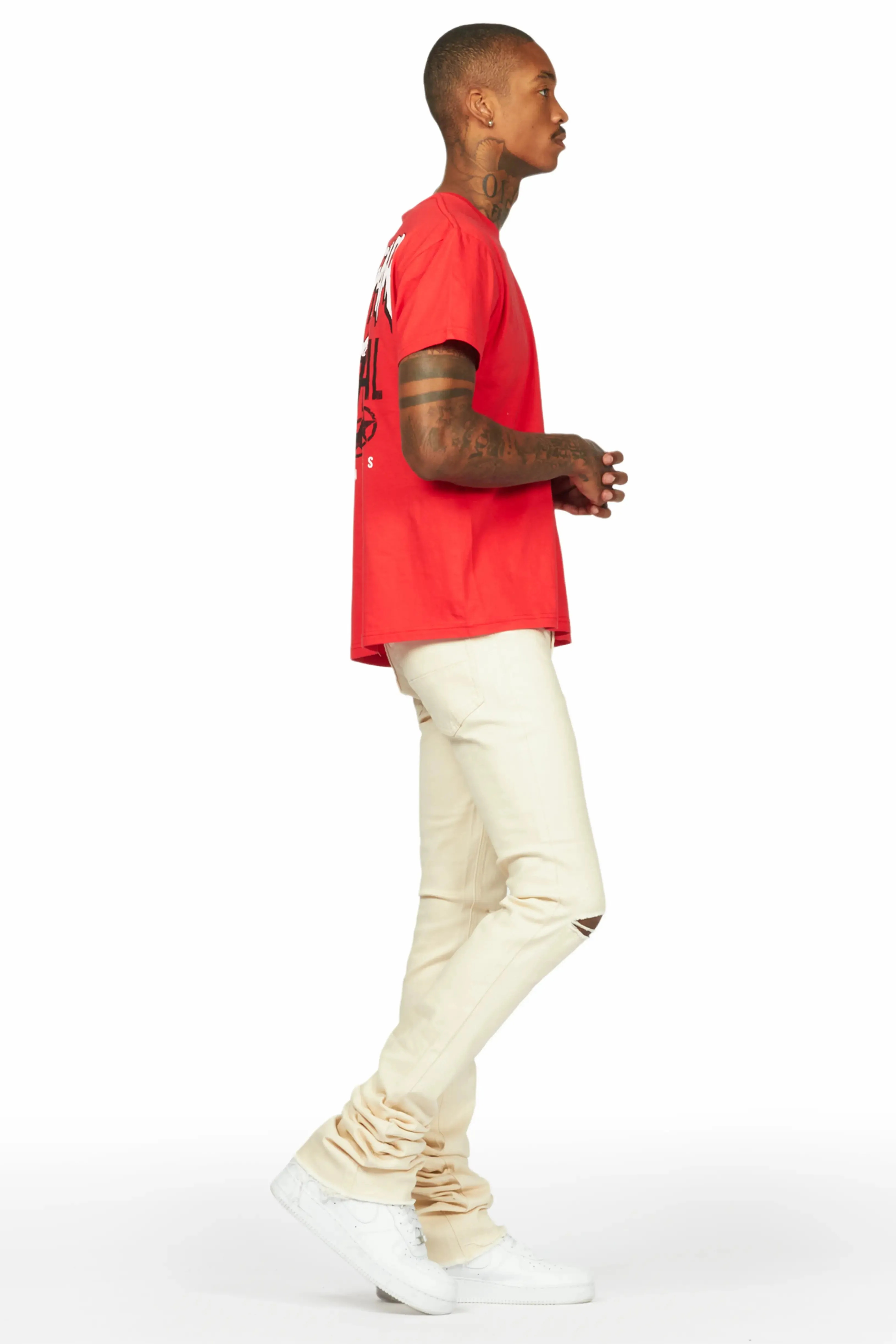 Wizzurd Red T-Shirt & Josiah Beige Super Stacked Flare Jean Bundle sold by Rockstar Original product image thumbnail 3