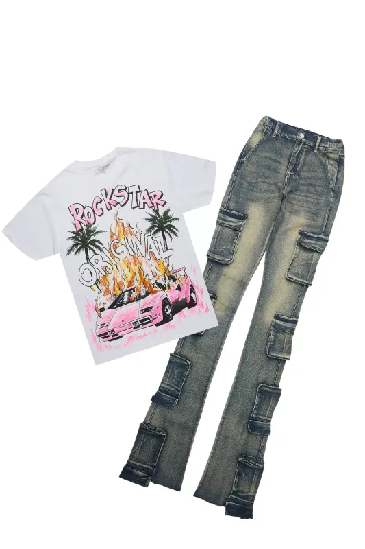 Moniqa White Tee & Phoebe Tinted Dark Wash Jean Set sold by Rockstar Original