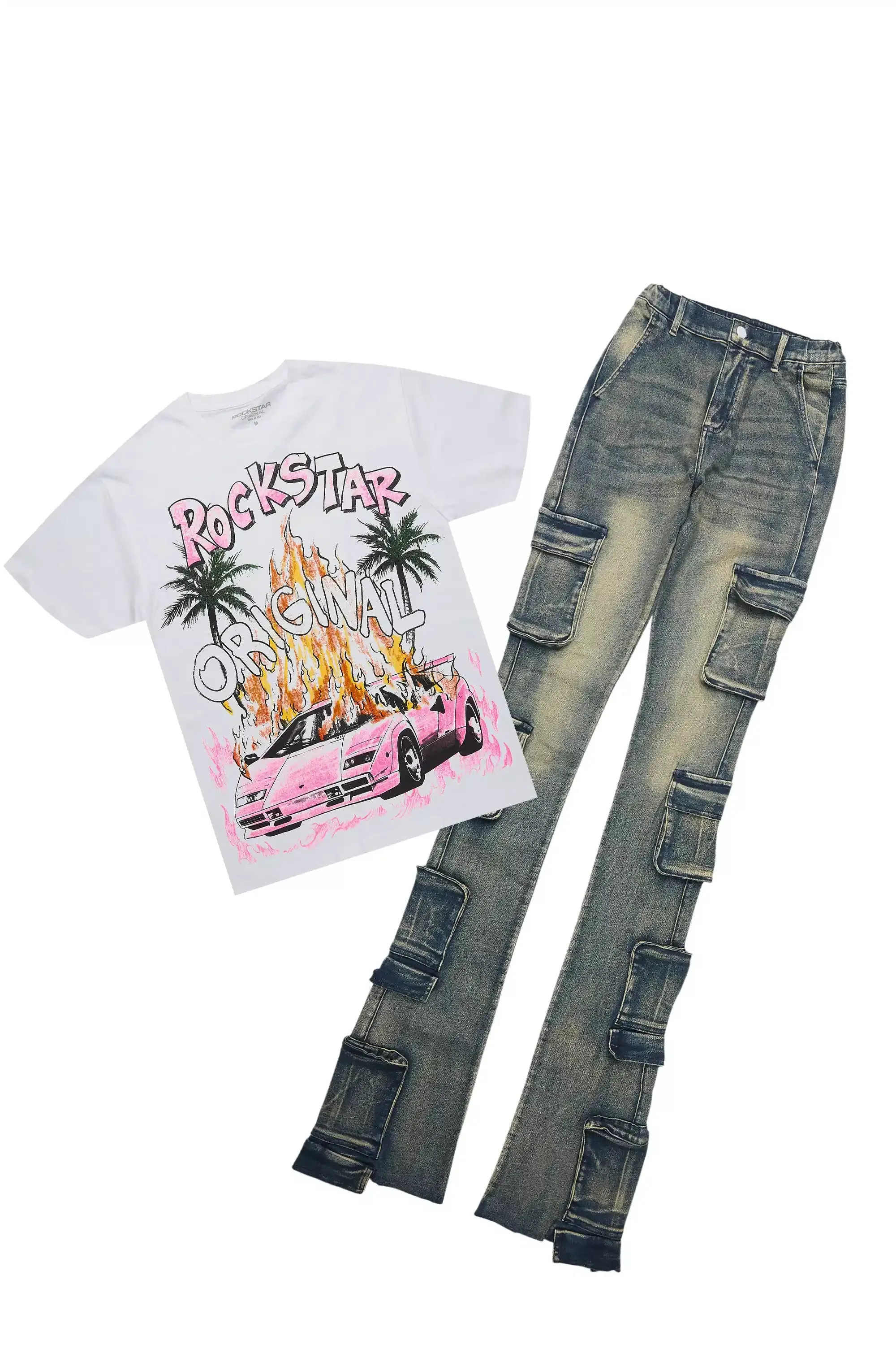 Moniqa White Tee & Phoebe Tinted Dark Wash Jean Set sold by Rockstar Original